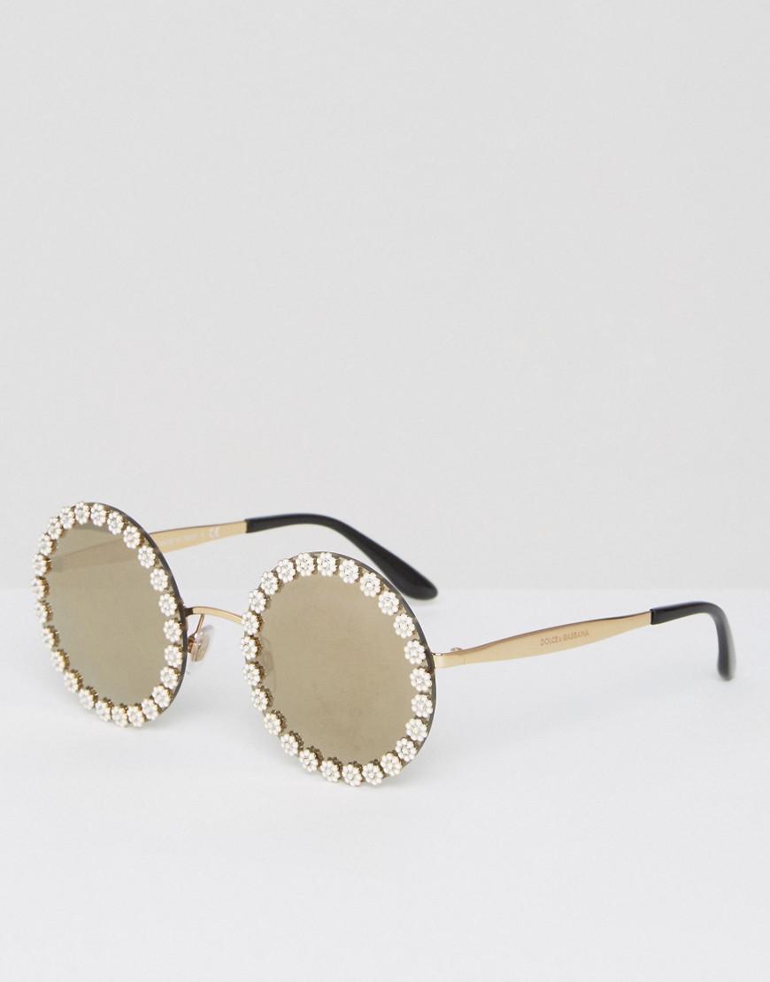 Dolce & Gabbana Over Sized Round Sunglasses With Daisy Detail in Gold  (Metallic) | Lyst