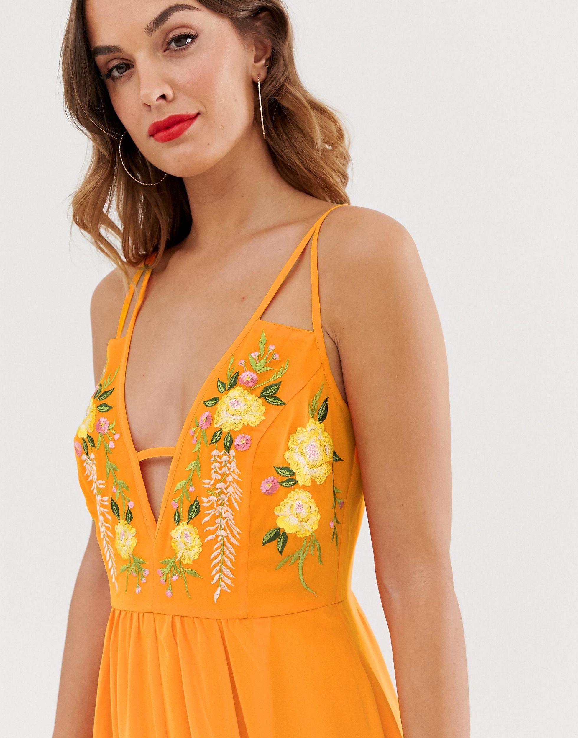 ASOS Maxi Dress With Cami Straps And Cut Out Detail With Embroidery in  Orange | Lyst