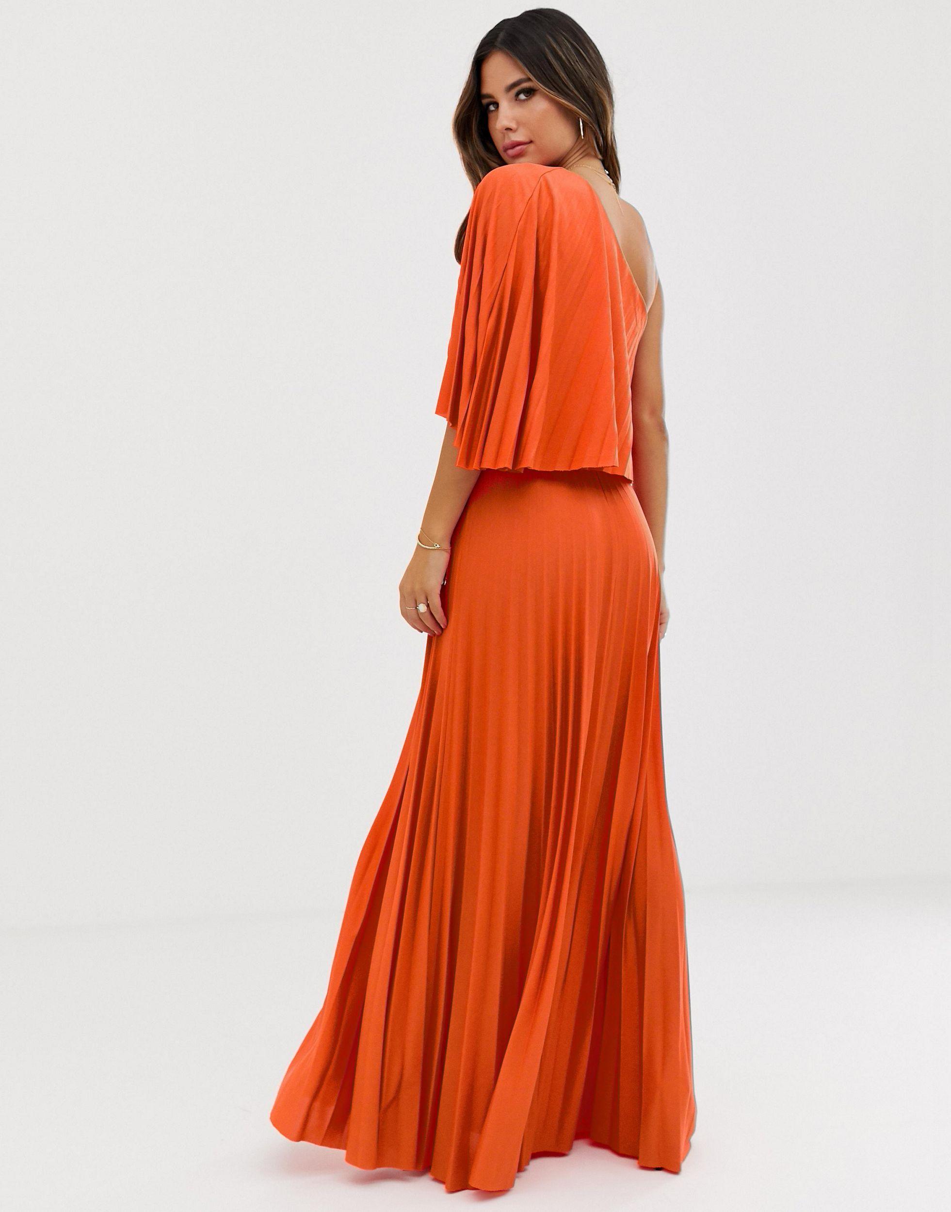 ASOS One Shoulder Pleated Crop Top Maxi Dress in Orange | Lyst