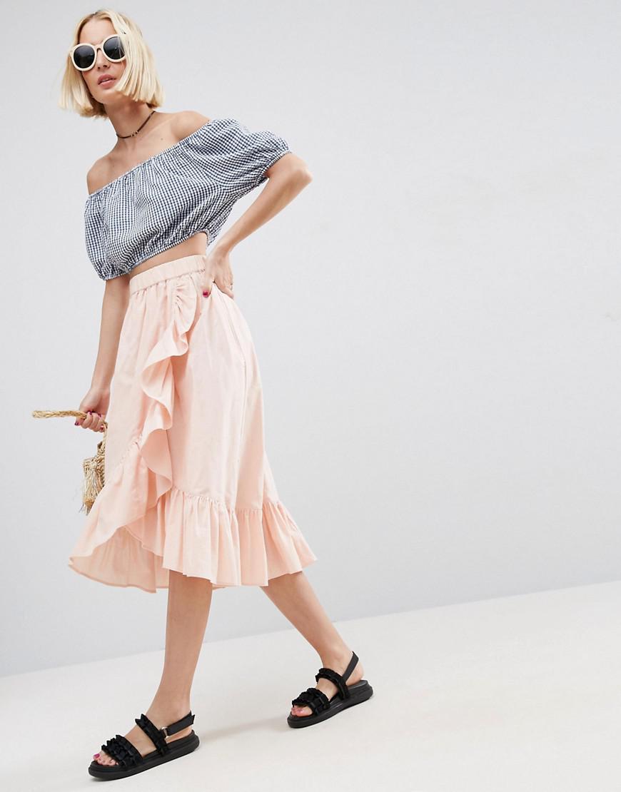 ruffle wrap midi skirt