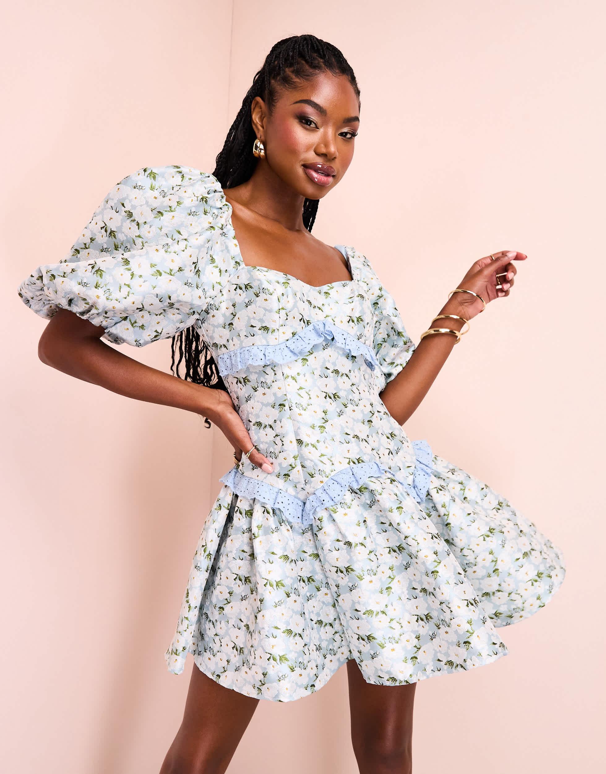 ASOS Jacquard Puff Sleeve Skater Mini Dress With Embroidered Trim in Blue |  Lyst