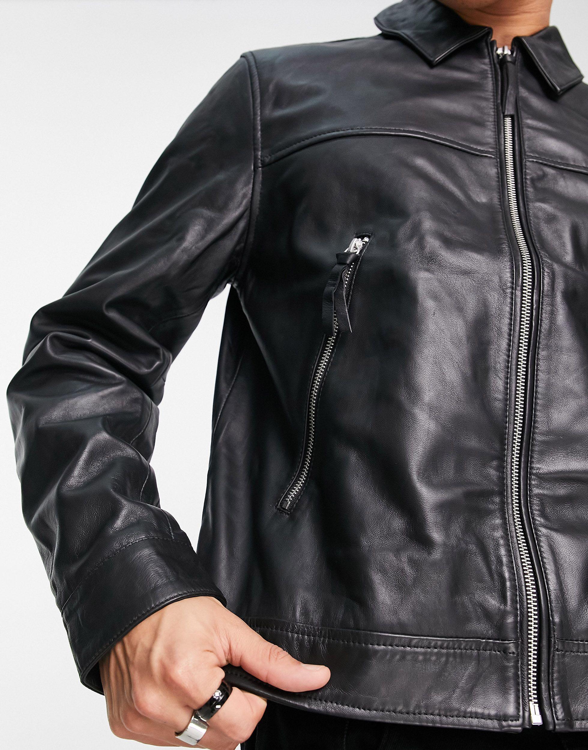 ASOS Real Leather Harrington Jacket in Blue for Men | Lyst