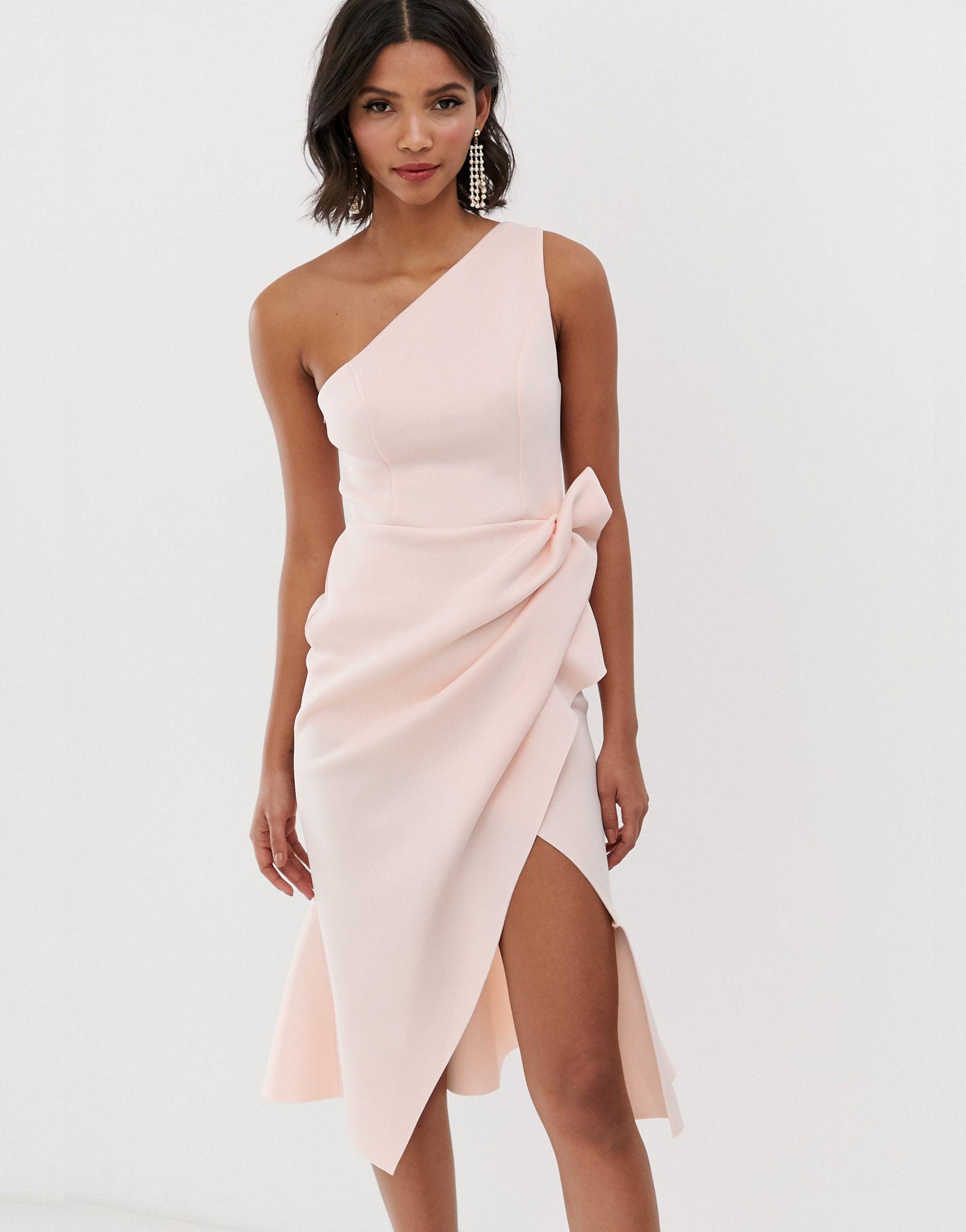 ASOS One Shoulder Tuck Detail Midi Dress in Pink | Lyst