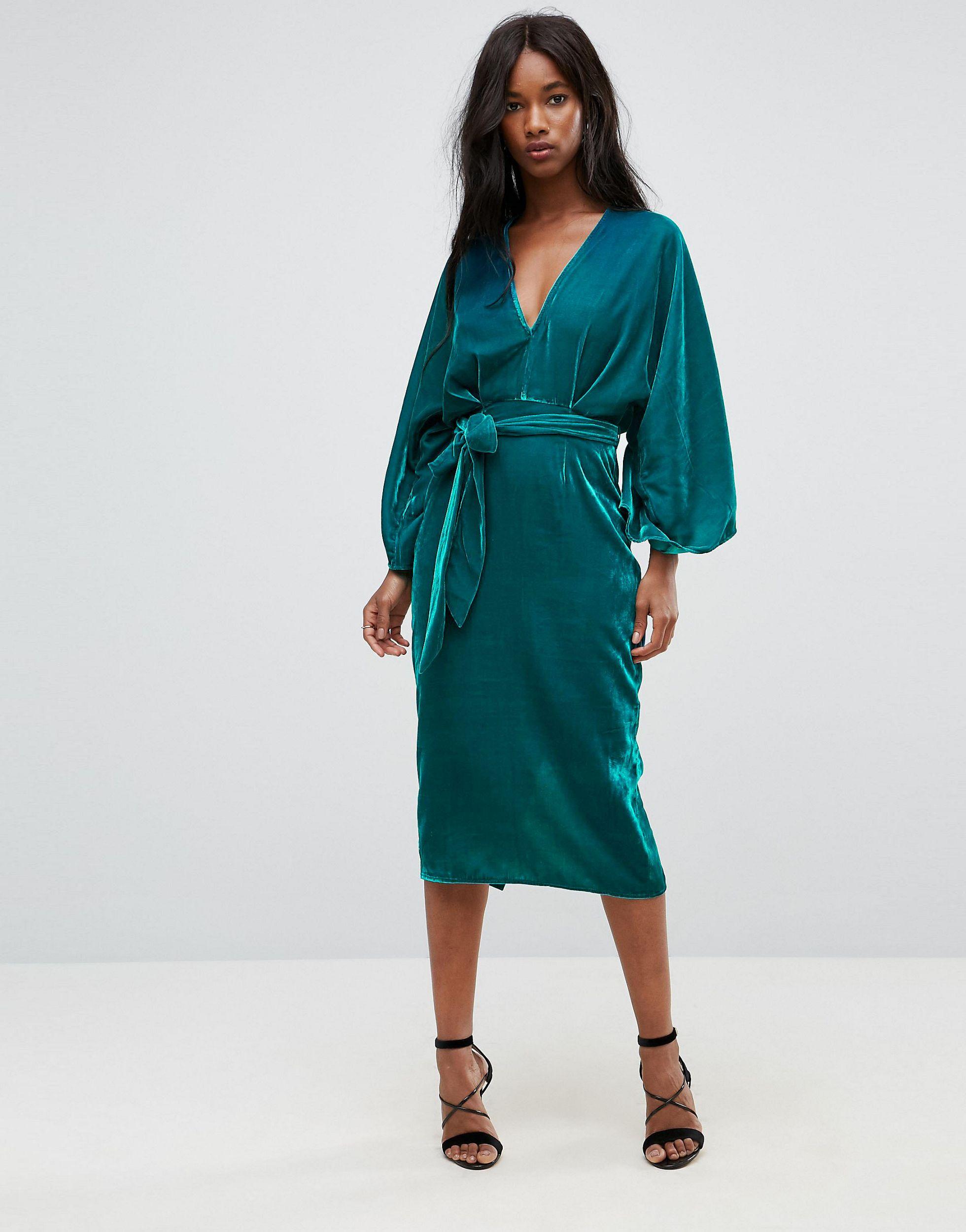 ASOS Asos Velvet Plunge Kimono Midi Dress With Tie Waist in Blue | Lyst