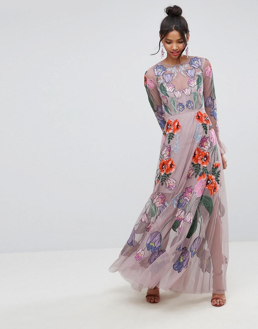ASOS Salon Embroidered Floral Maxi Dress in Pink