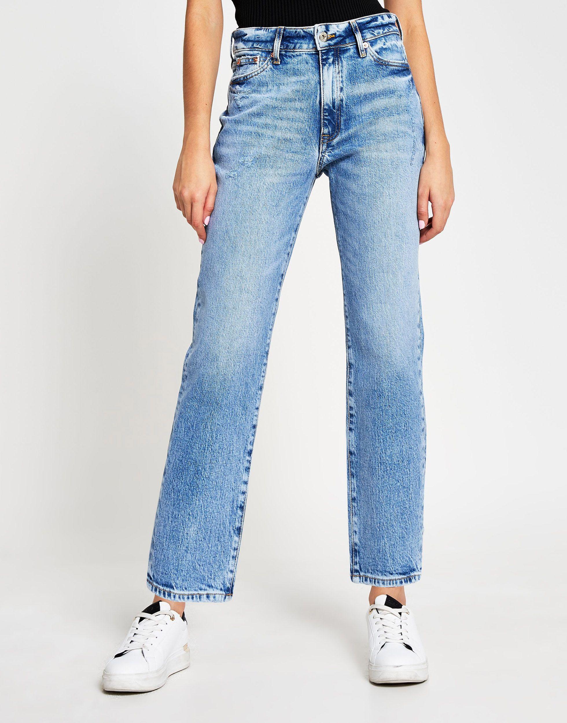 River Island Blair High Rise Straight Ripped Jeans in Blue | Lyst
