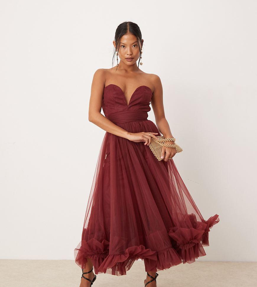 LACE & BEADS Corset Tulle Ruffle Hem Midaxi Dress in Red | Lyst UK