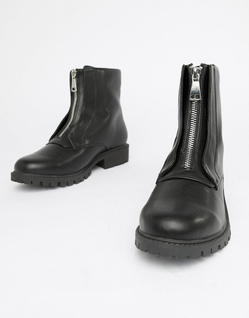 London Rebel Leather Zip Up Chunky Flat Boots in Black - Lyst