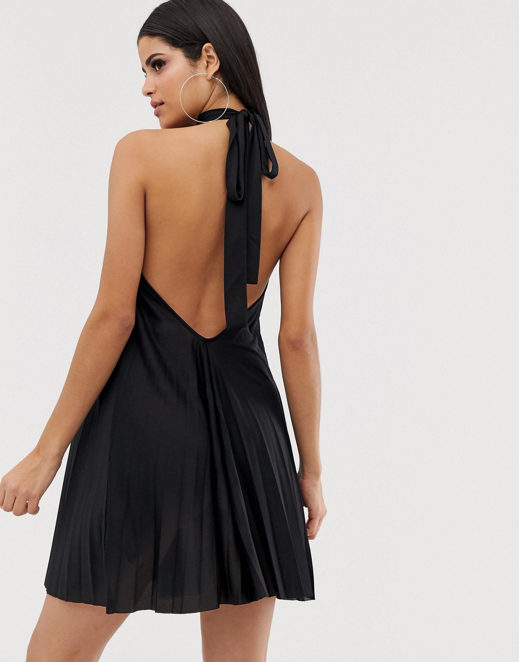 backless halter pleated mini dress