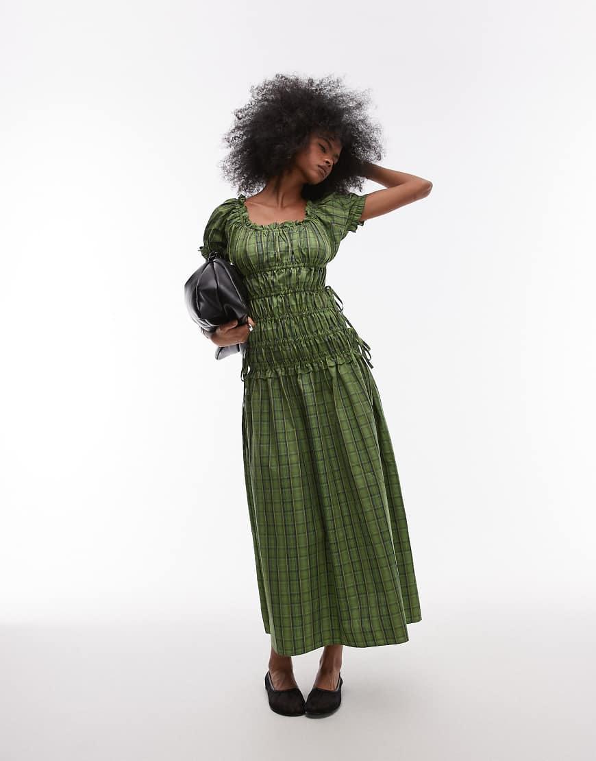 topshop green ruched dress TOPSHOP Cap Sleeve Shirred Dress With Tie Sides in Green