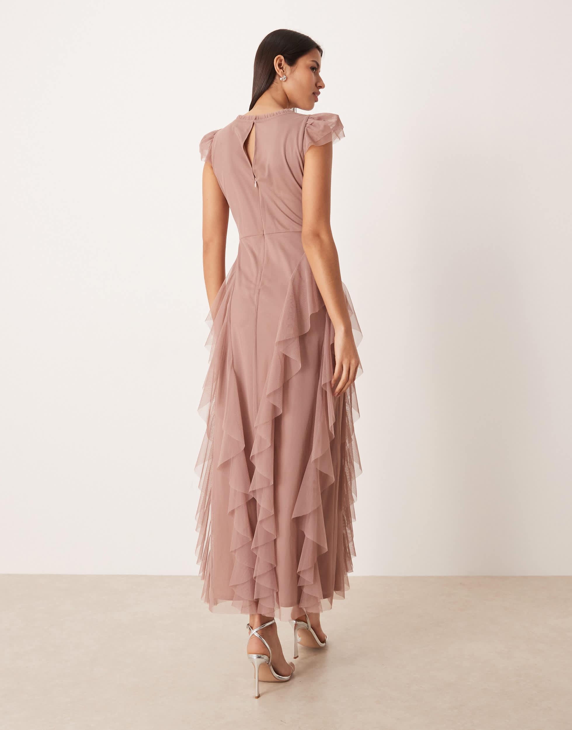 LACE & BEADS Bridesmaid Ruffle Frill Detail V Neck Maxi Dress in Pink | Lyst