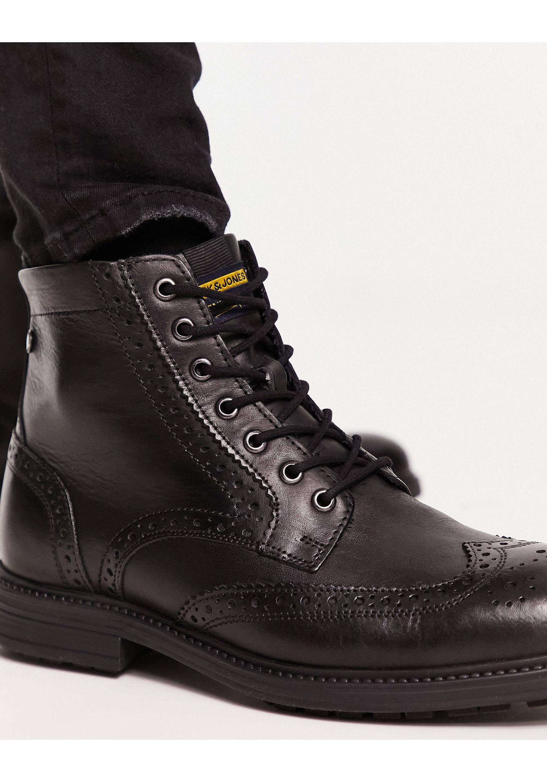 Jack & Jones Leather Brogue Boot in Black for Men | Lyst