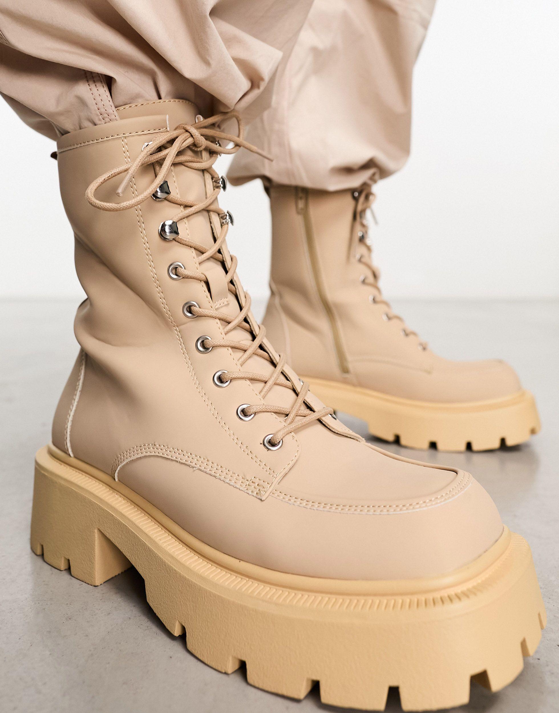 Truffle Collection Square Toe Chunky Lace Up Boots in Natural for Men |  Lyst UK