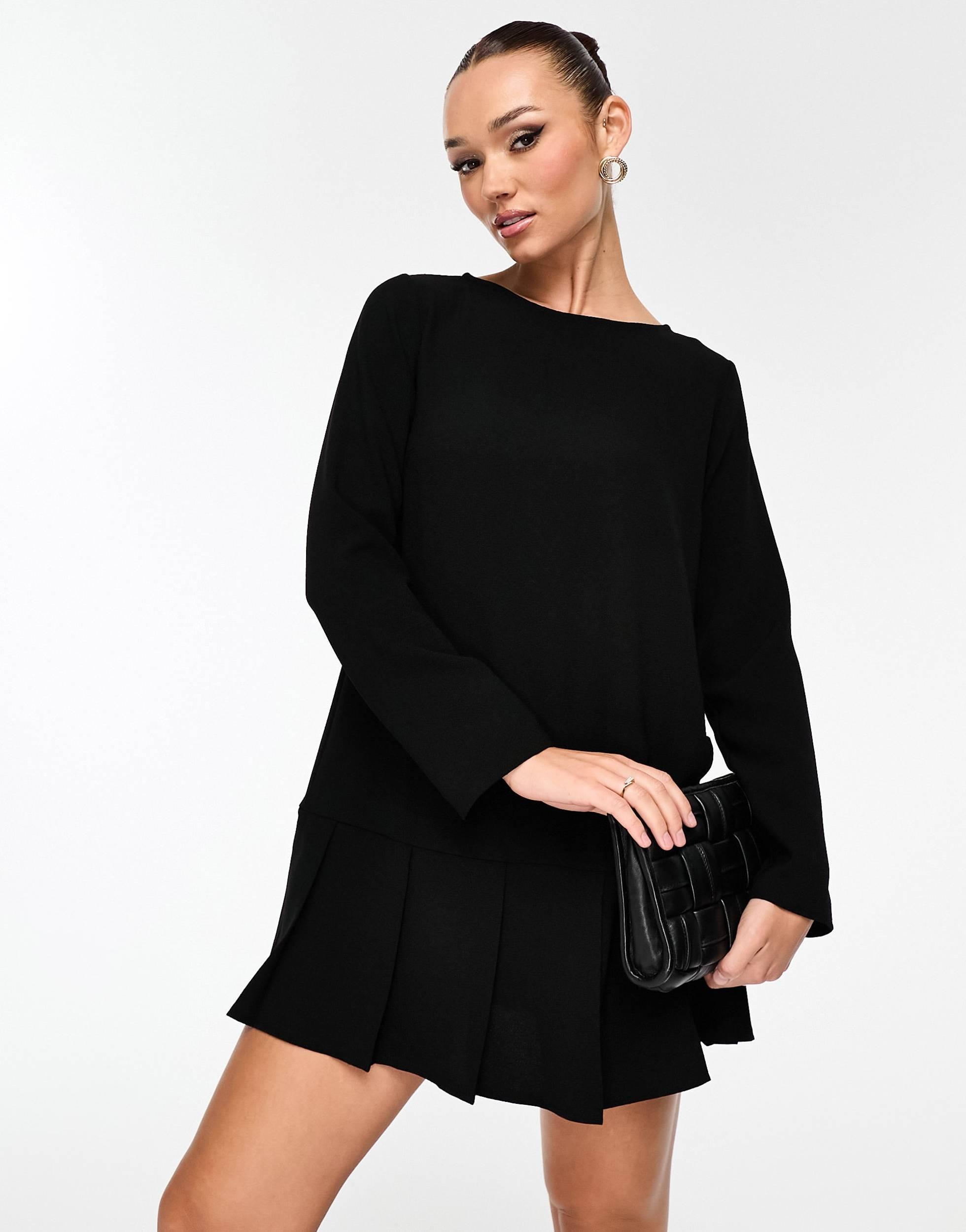 ASOS Long Sleeve Dropped Waist Box Pleat Mini Dress in Black | Lyst