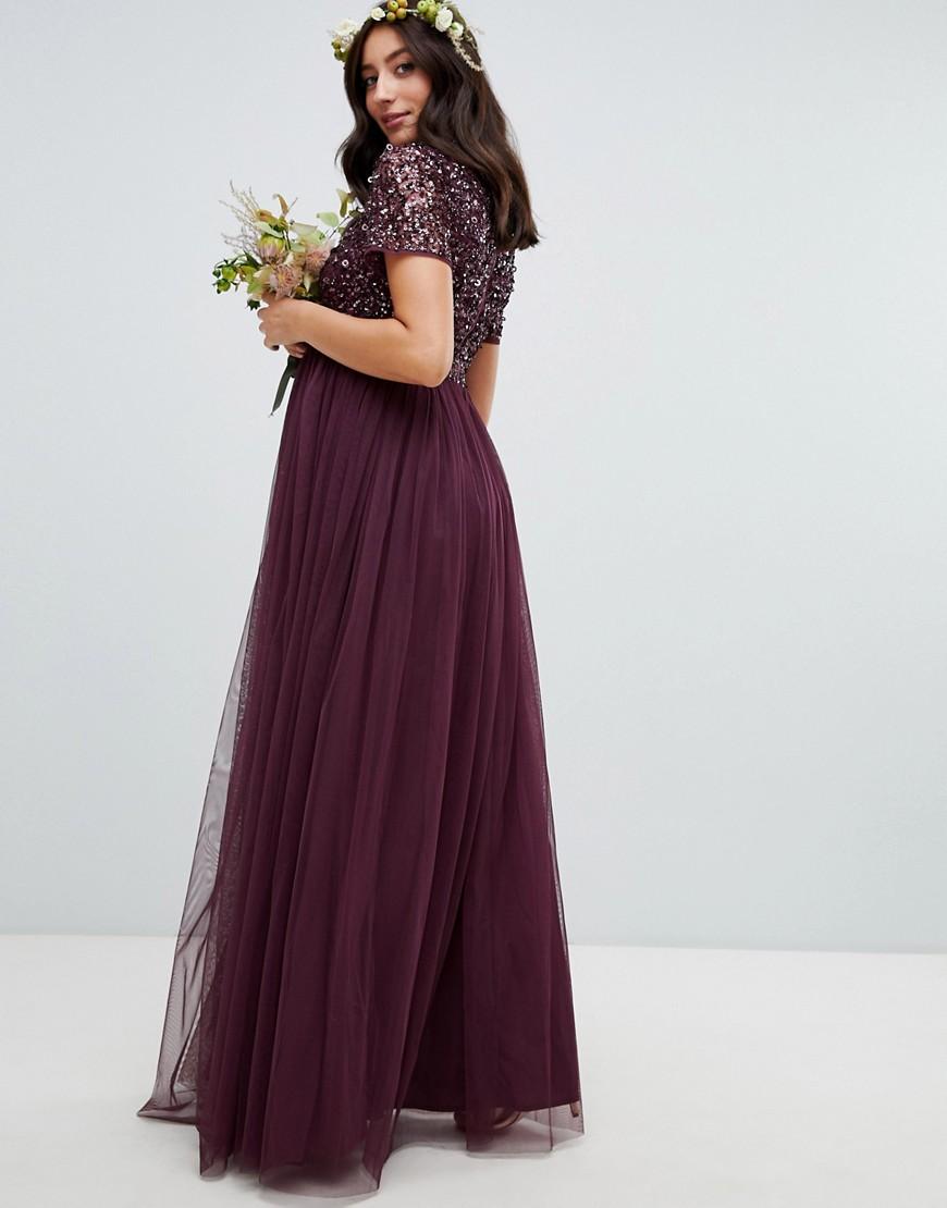 Vestito lungo accollato in tulle vinaccia con delicate paillettes tono su  tono di Maya Maternity in Rosso | Lyst