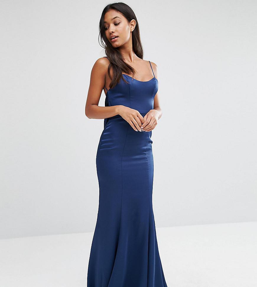 Fame & Partners Satin Slip Maxi Dress With Fishtail in Blue | Lyst