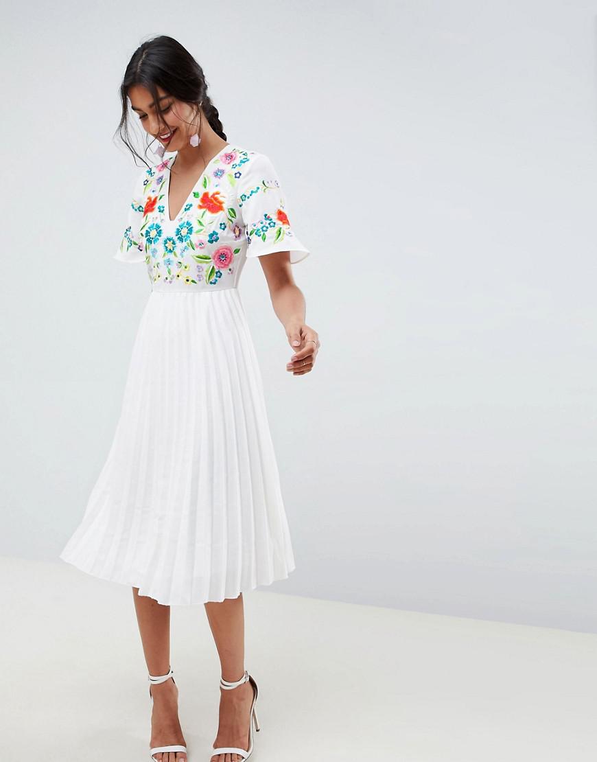 asos design pleated high neck midi dress with embroidery