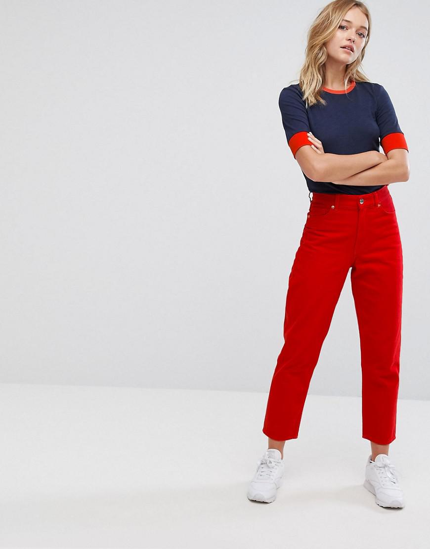 red high waisted mom jeans