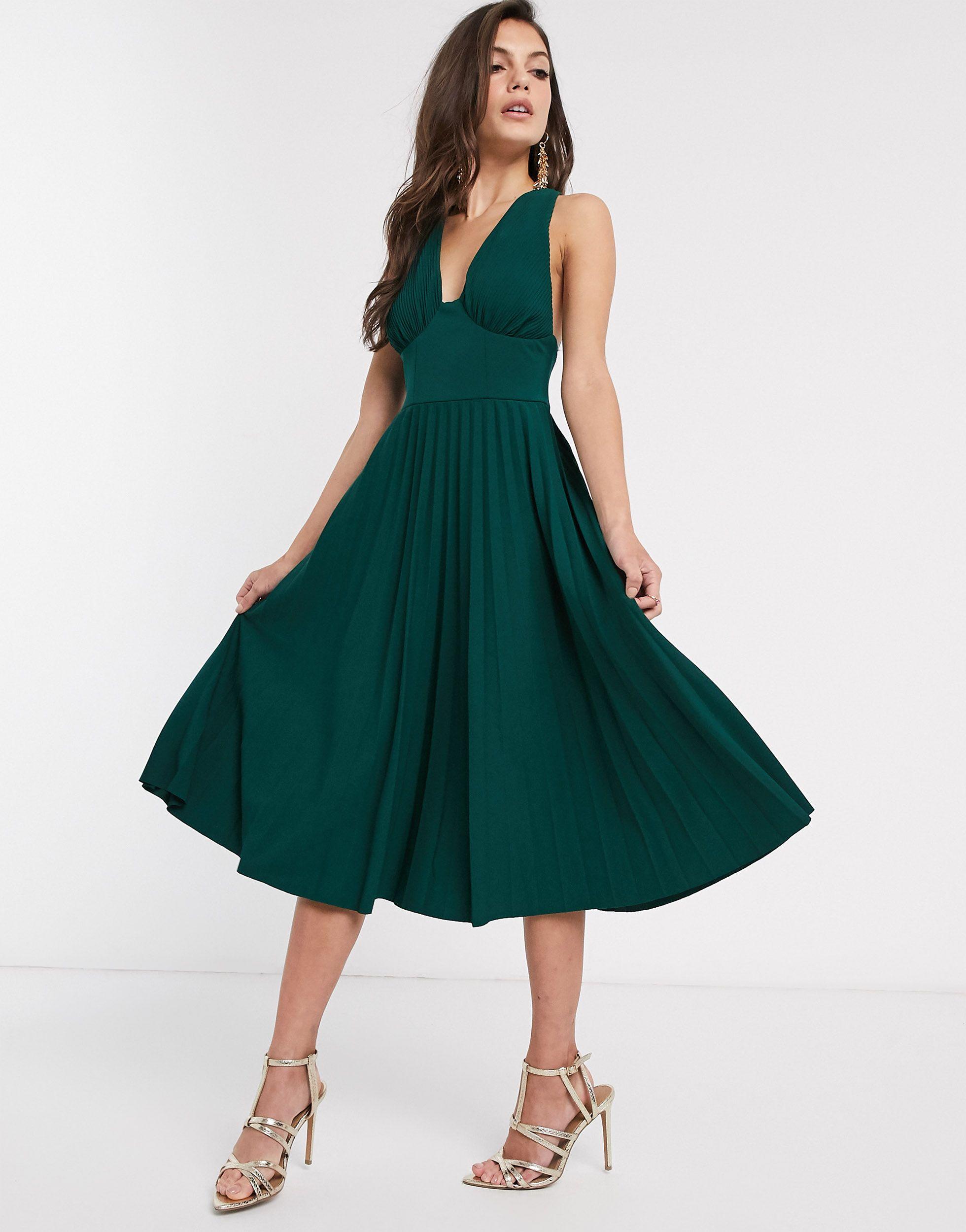 ASOS Design Corset Bandeau Midi Dress in Washed Fabric with Drape Detail Skirt in khaki-Green