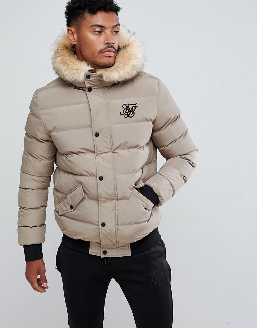 SIKSILK Puffer Jacket With Faux Fur Hood In Beige in Natural for Men | Lyst