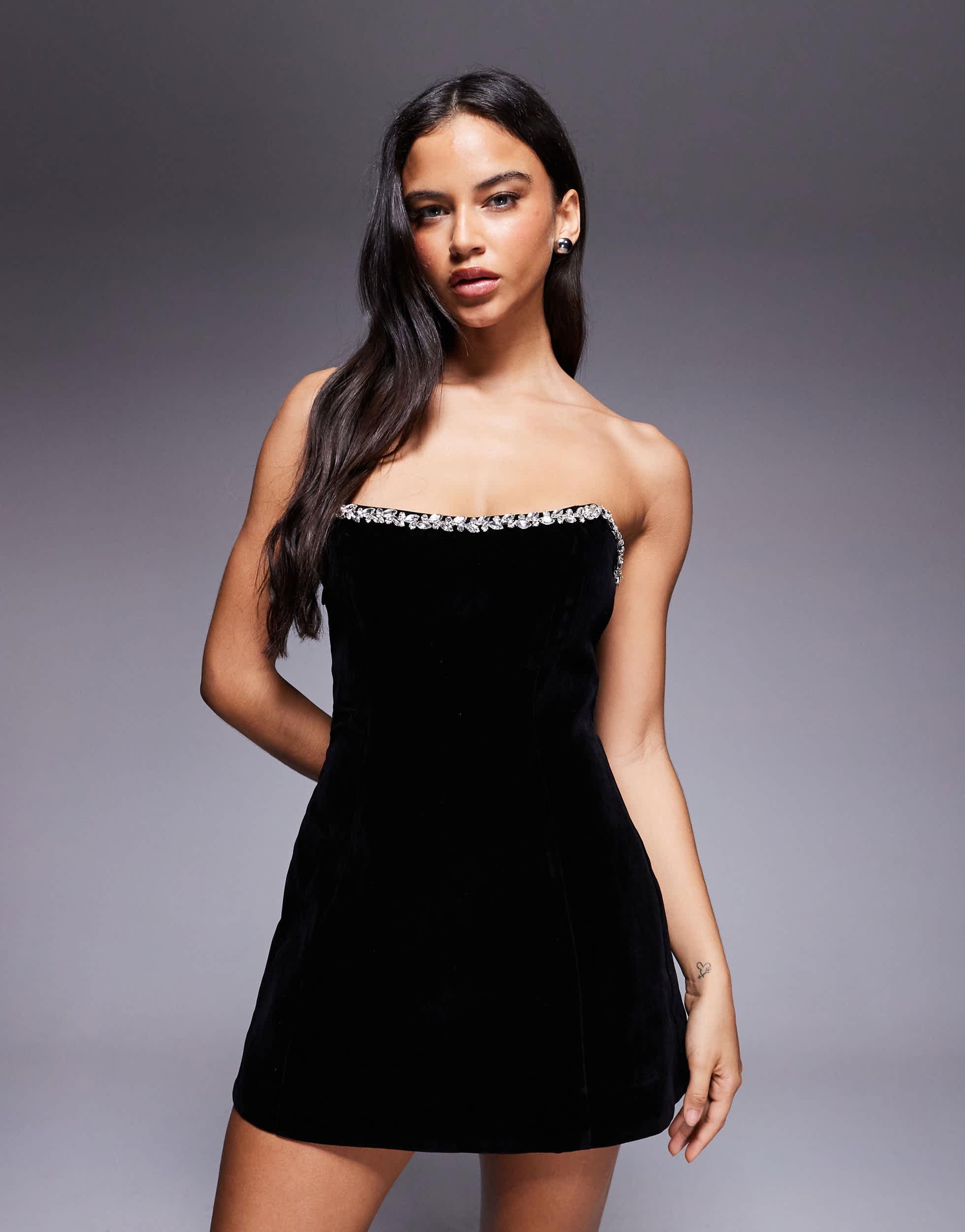 black velvet diamante detail trim mini dress Murci Structured Bandeau Lace Up Back in Size:15/34
