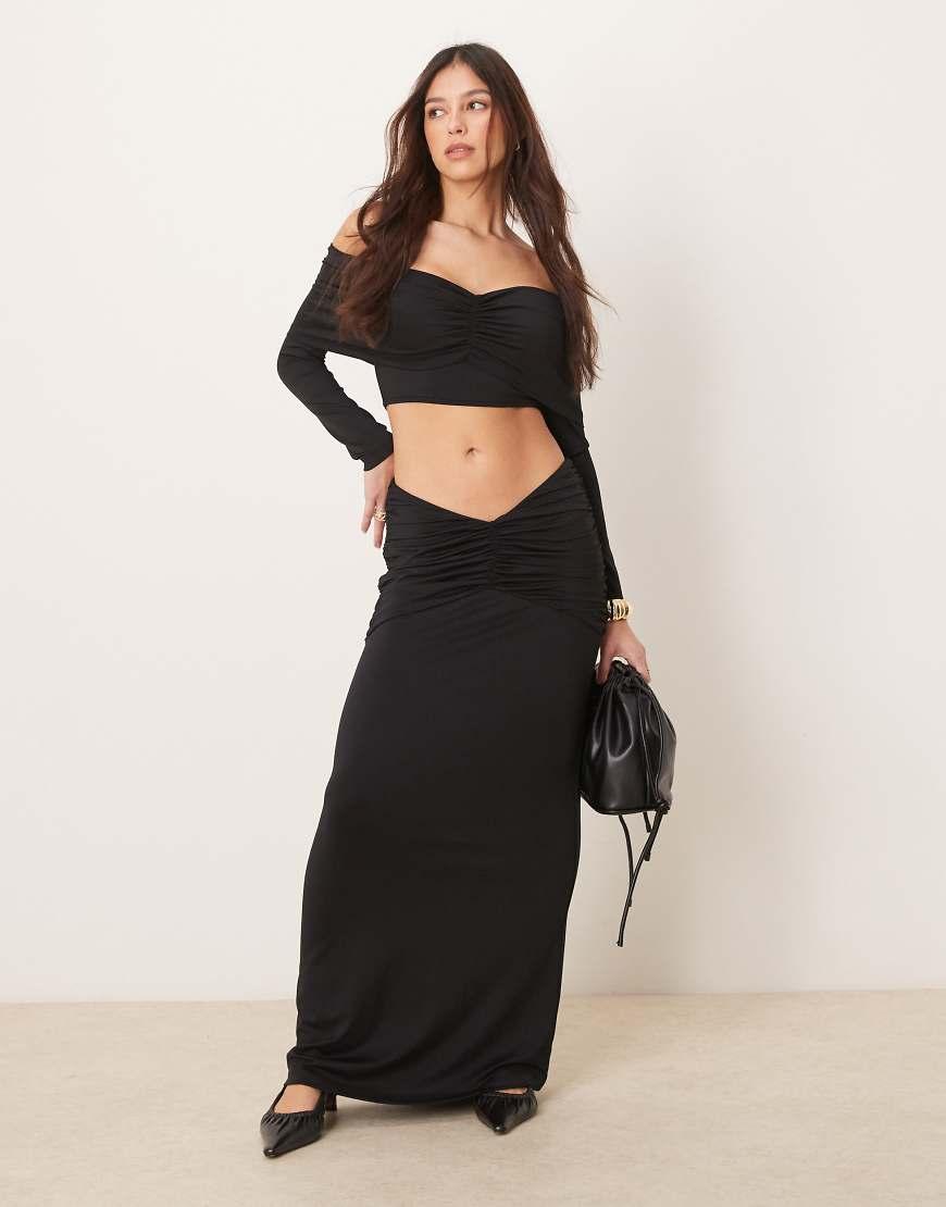 ASOS Ruched Maxi Skirt Mesh Co Ord With Gathered V Waist in Black