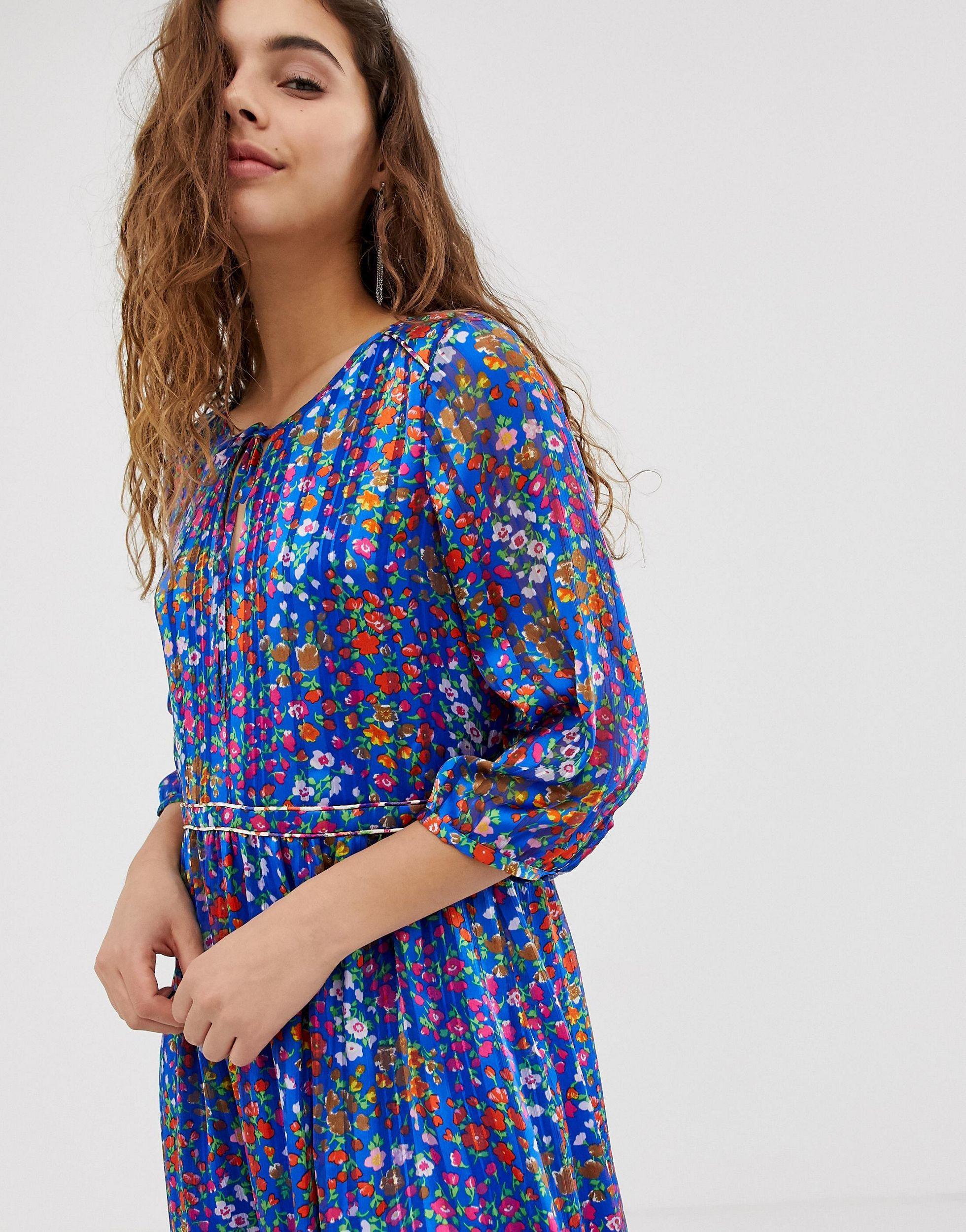 Reese Robe mi longue a imprime petites fleurs et passepoils contrastants Ba sh en coloris Bleu Lyst