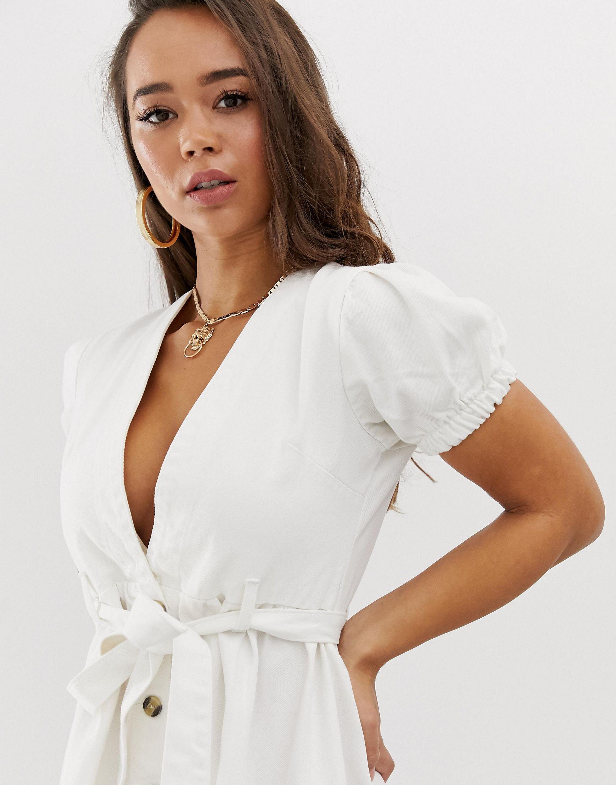 boohoo denim v neck dress with puff sleeve in white