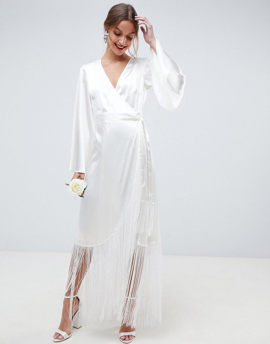 ASOS Satin Fringe Wrap Wedding Dress in Cream (White) - Lyst