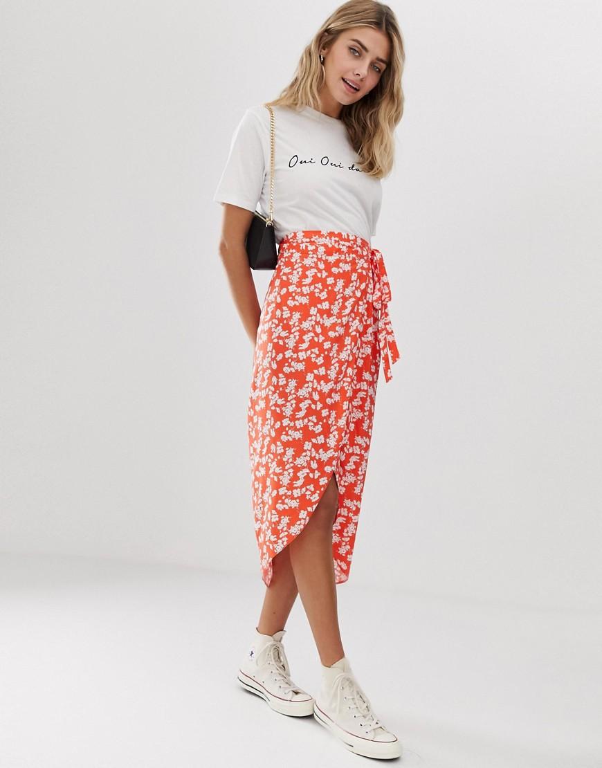 ASOS Ditsy Floral Wrap Midi Skirt in Red Lyst