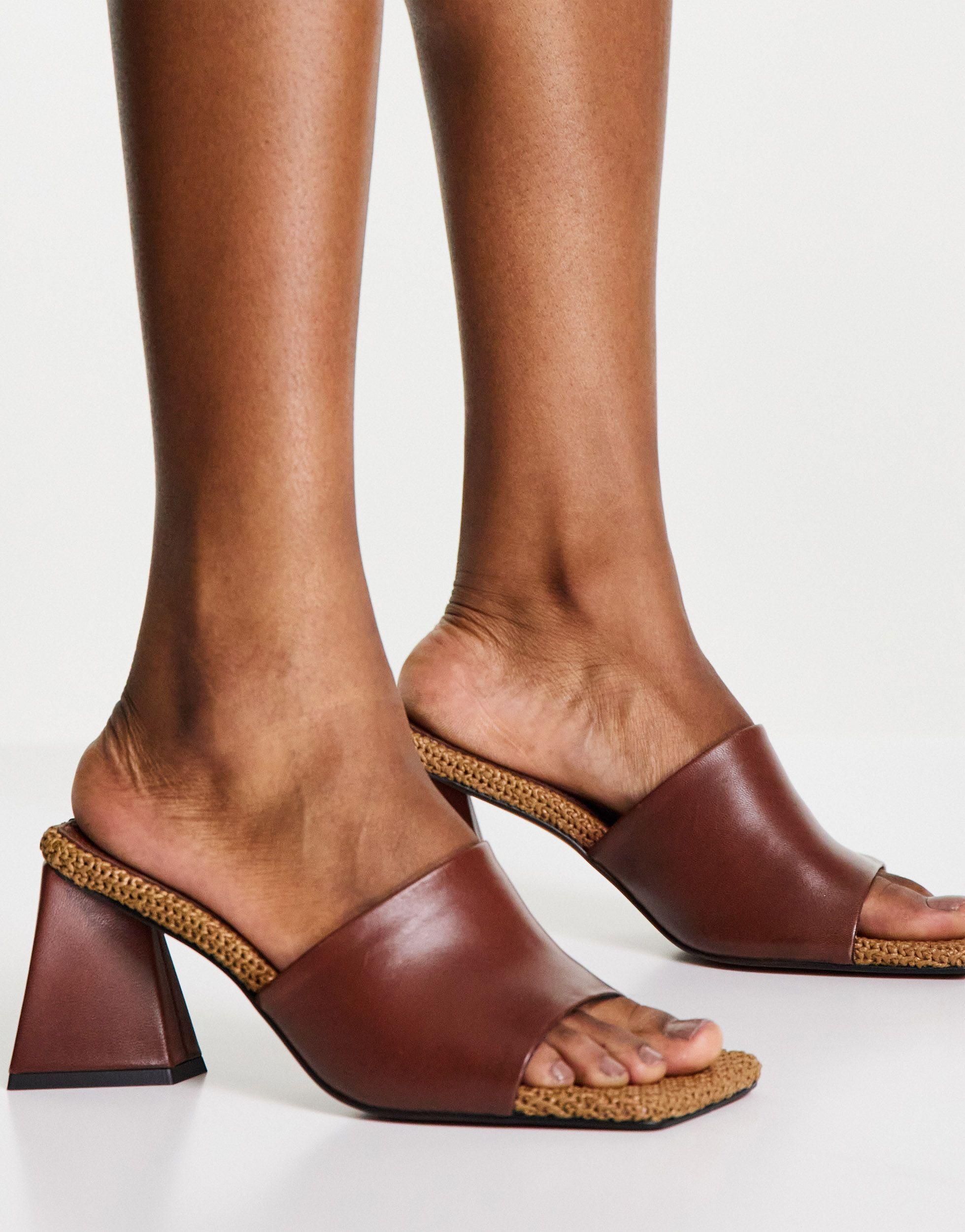 ASOS Healing Premium Leather Mid Heeled Mules in Brown | Lyst