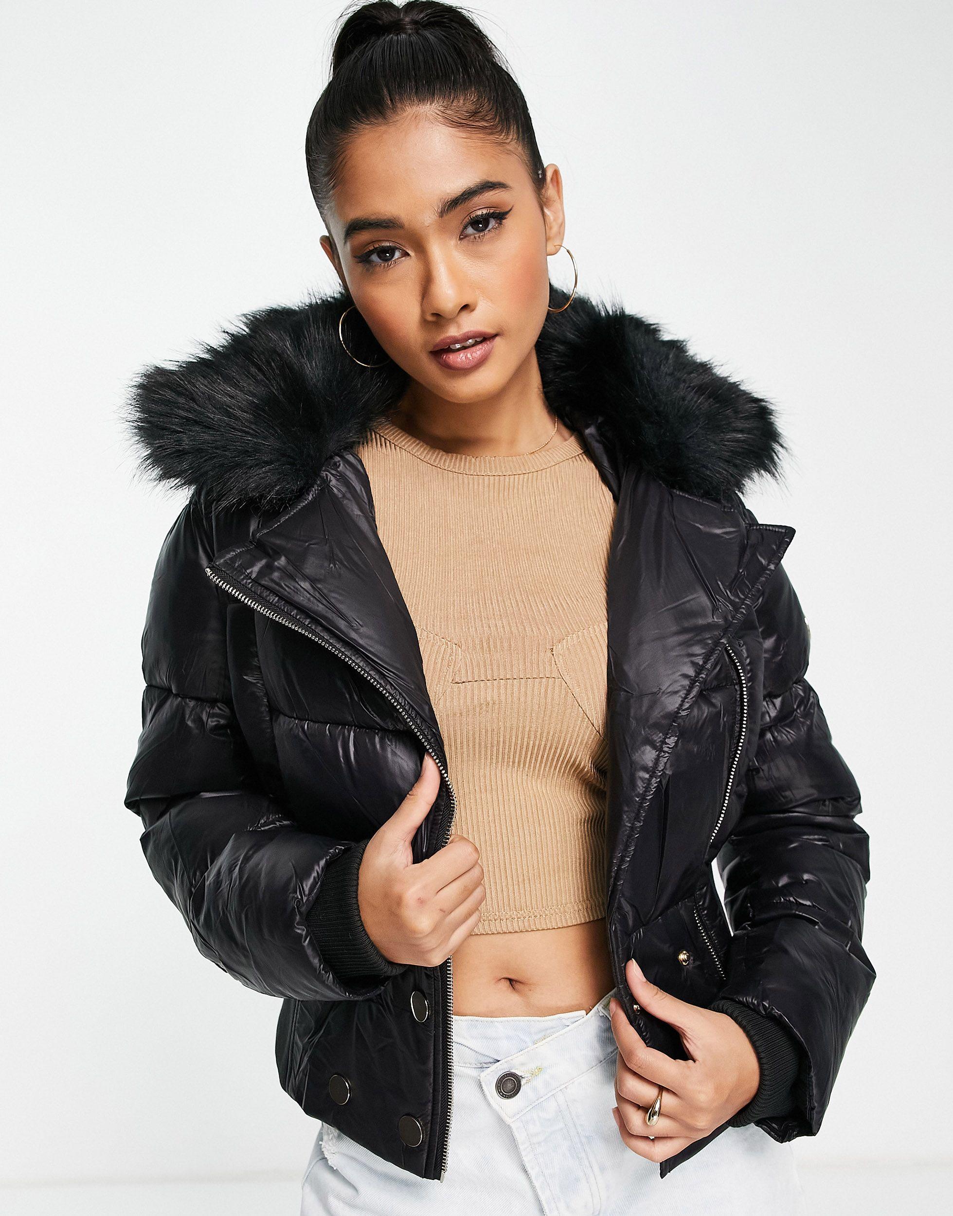 River Island Short Padded Bomber Jacket With Faux Fur Lining in Black |  Lyst UK