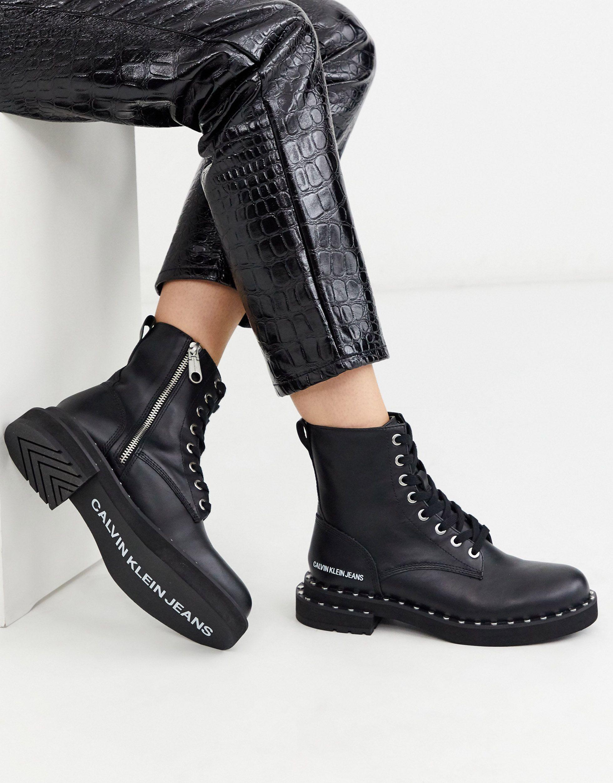 Calvin Klein Denim Studded Chunky Lace Up Ankle Boots in Black | Lyst