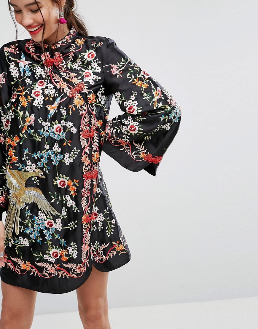 ASOS Embroidered Mandarin Collar Mini Dress in Black | Lyst