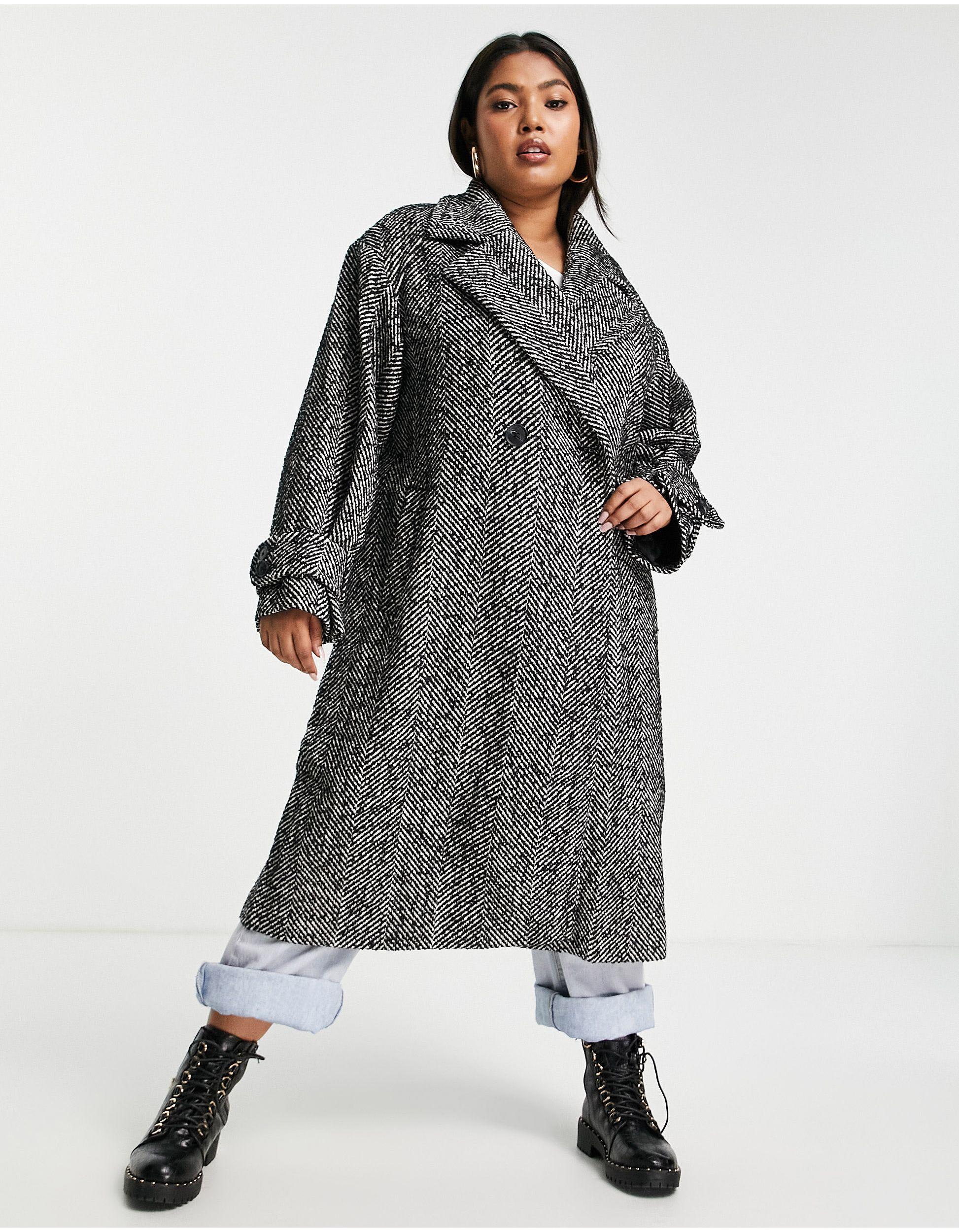 River Island Herringbone Oversized Double Breasted Maxi Coat in Black | Lyst