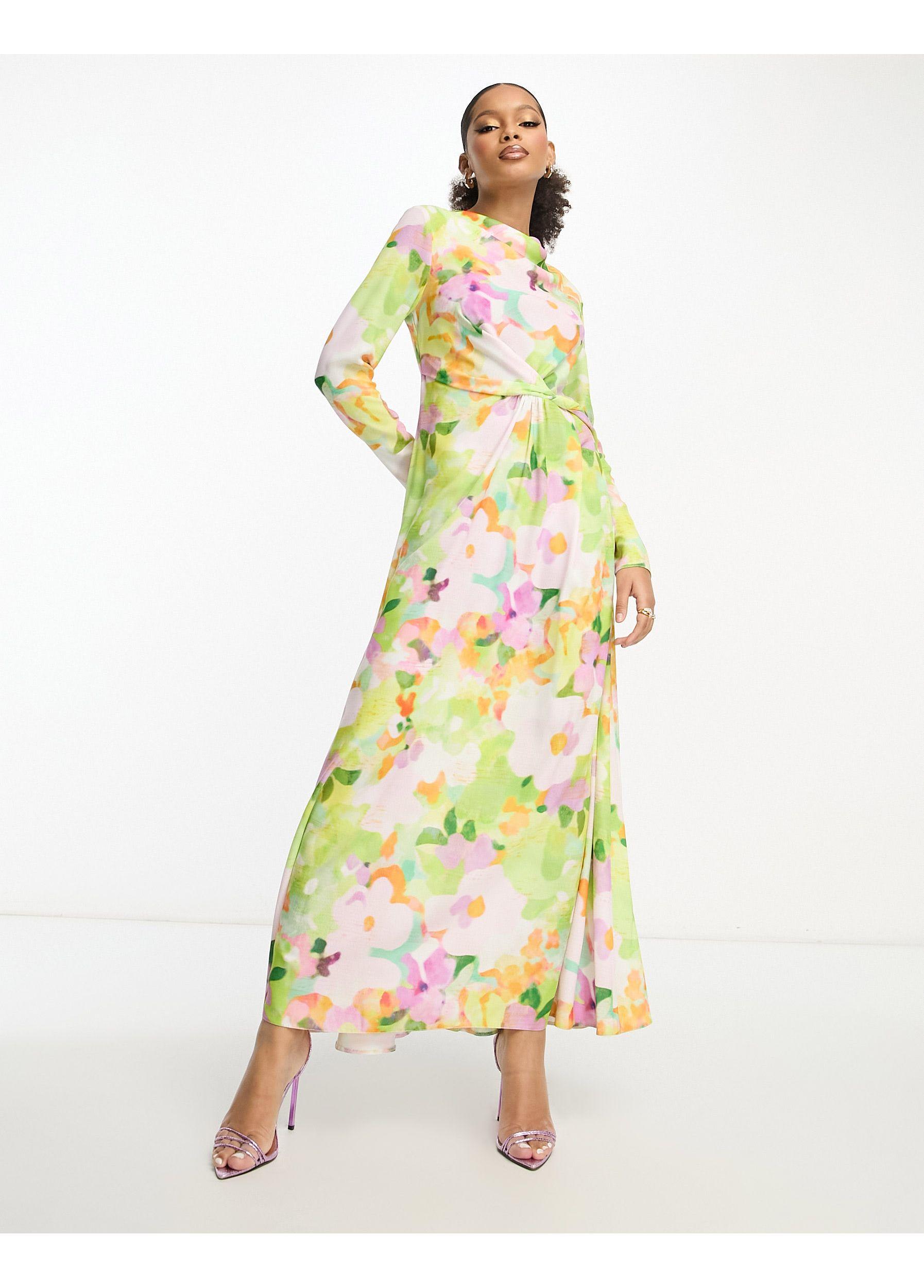 Robe longue en satin à fleurs avec col bénitier et détails froncés ASOS en coloris Jaune Lyst