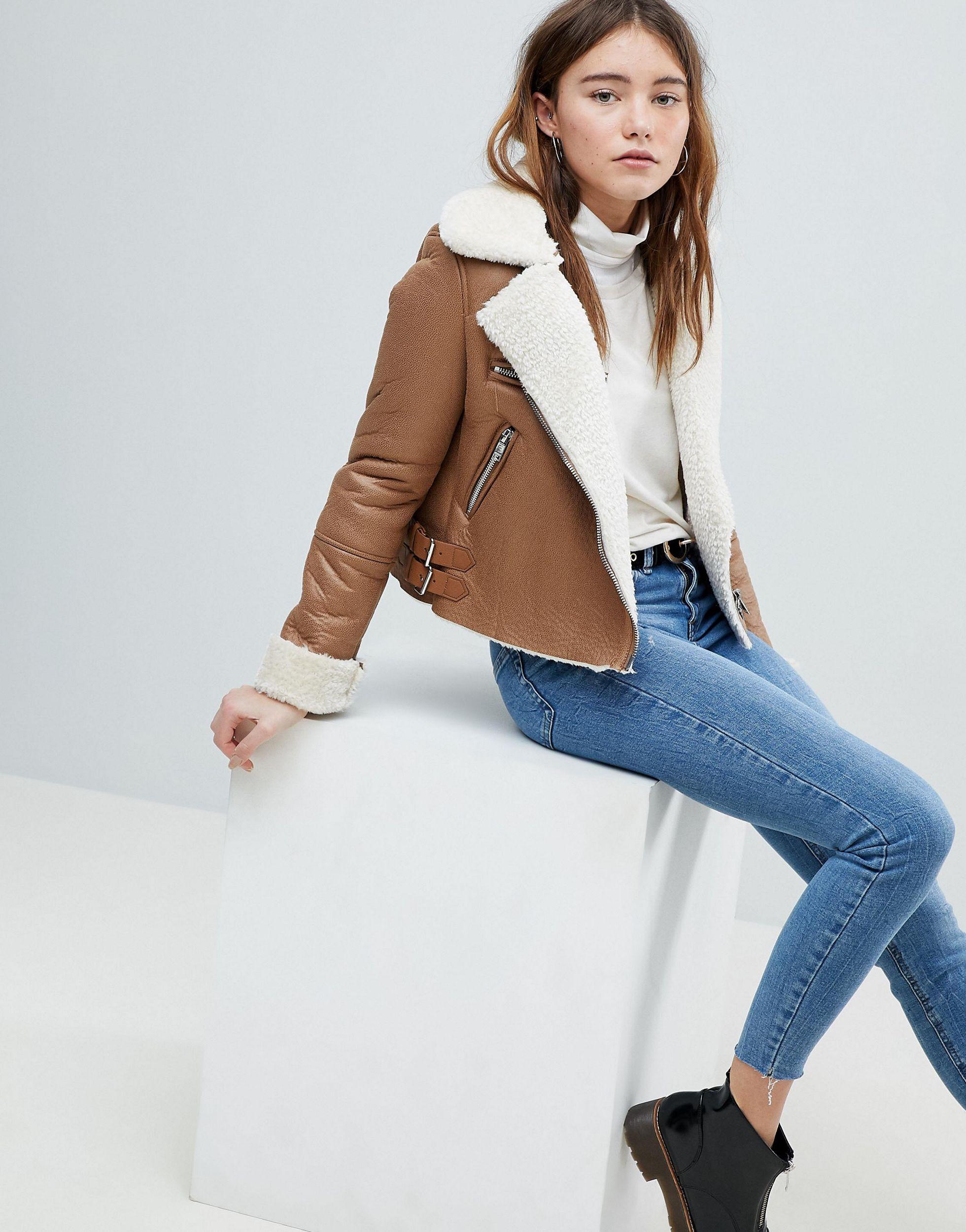 Bershka Cropped Aviator Jacket in Brown | Lyst