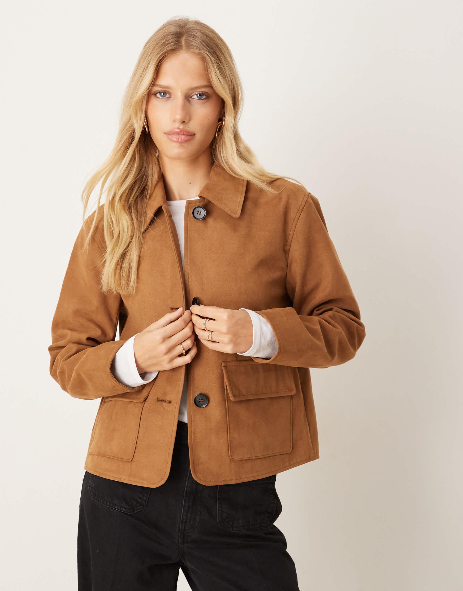 Jdy Faux-suede Short Jacket With Pocket in Brown | Lyst