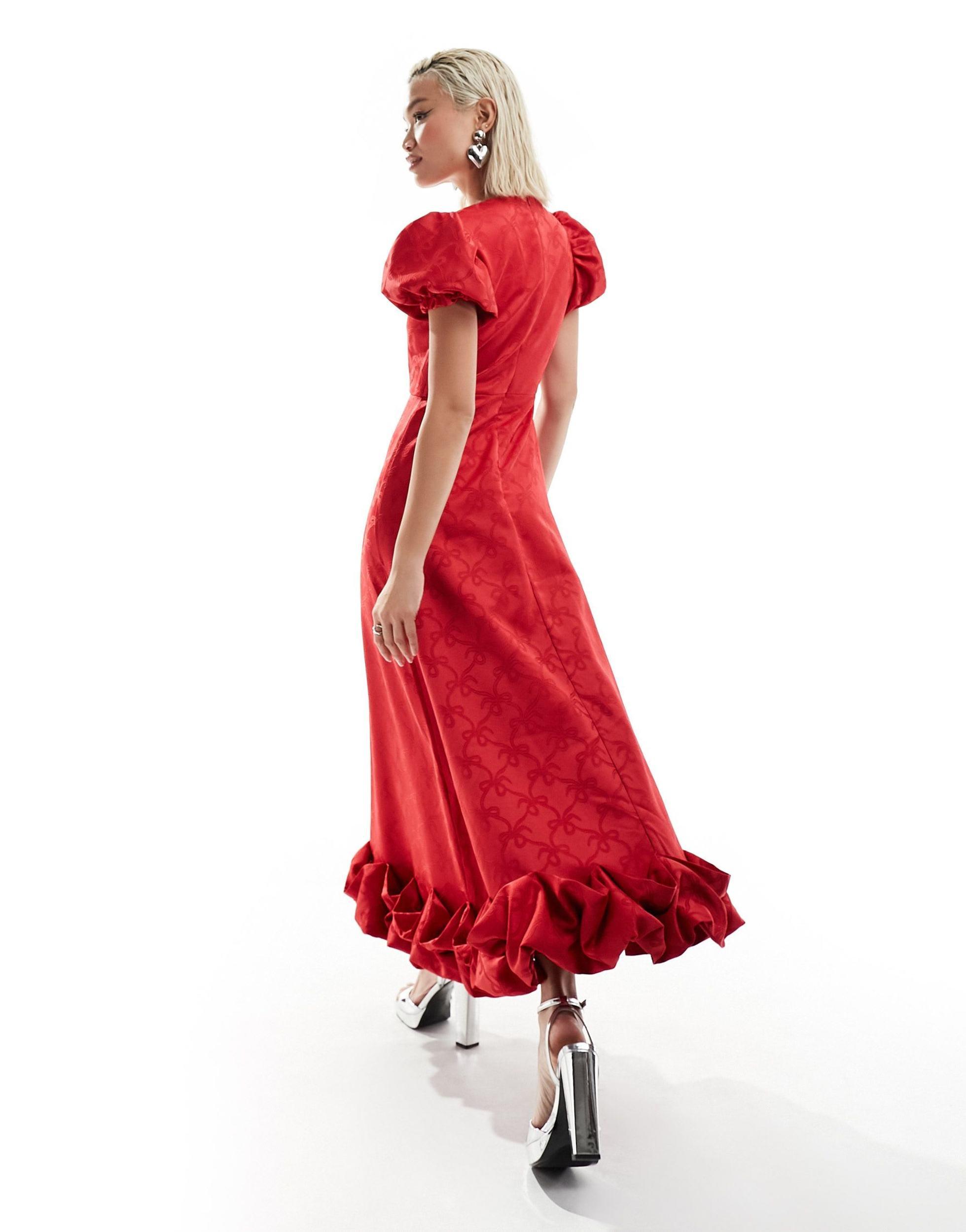 Sister Jane Bow Embossed Puff Sleeve Ruffle Hem Midaxi Dress Sister Jane Bow Embossed Puff Sleeve Ruffle Hem Midaxi Dress