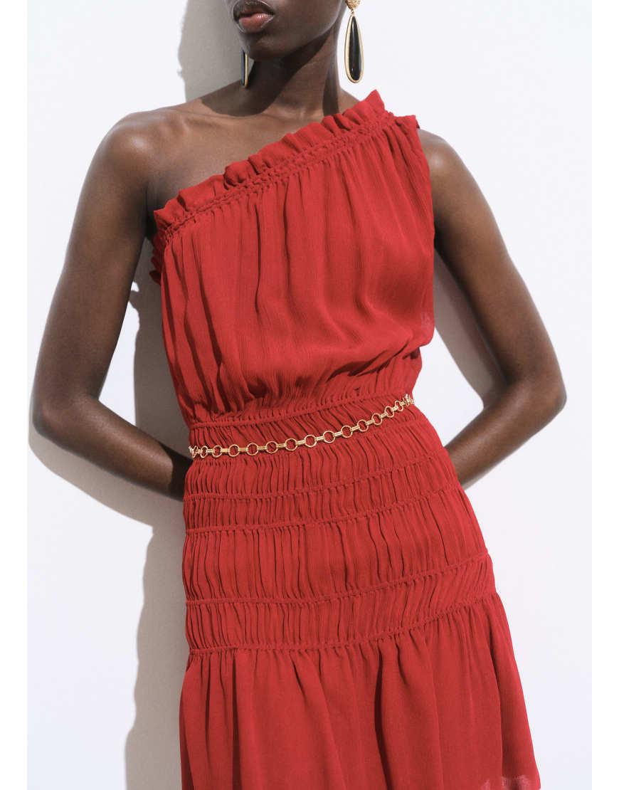 Mango Featuring Kaia Gerber Ruched One Shoulder Dress With Gold Chain Belt in Red | Lyst UK Mango Featuring Kaia Gerber Ruched One Shoulder Dress With Gold Chain Belt in Red | Lyst UK