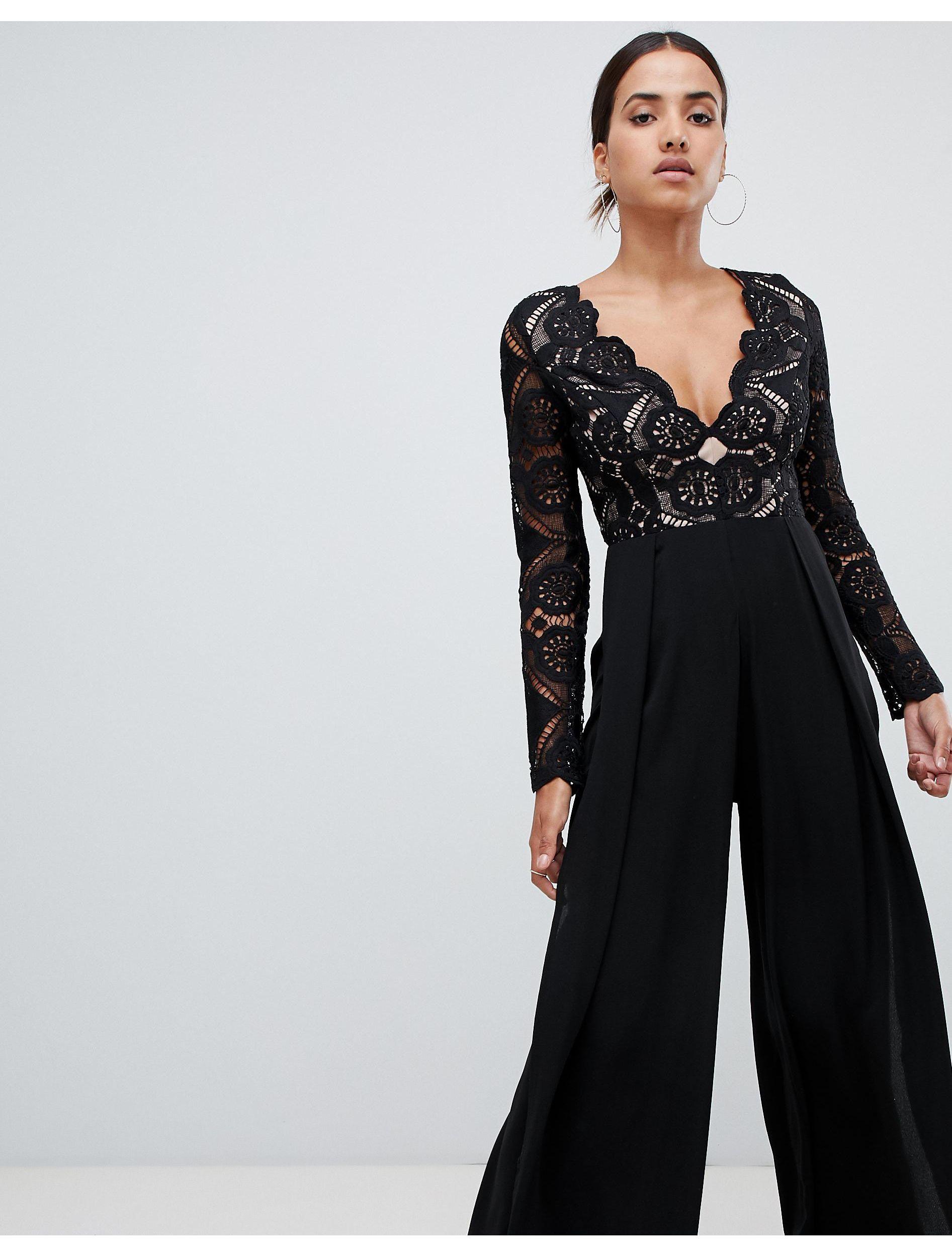 Love Triangle All Over Cut Work Lace Top Wide Leg Split Jumpsuit in Black -  Lyst