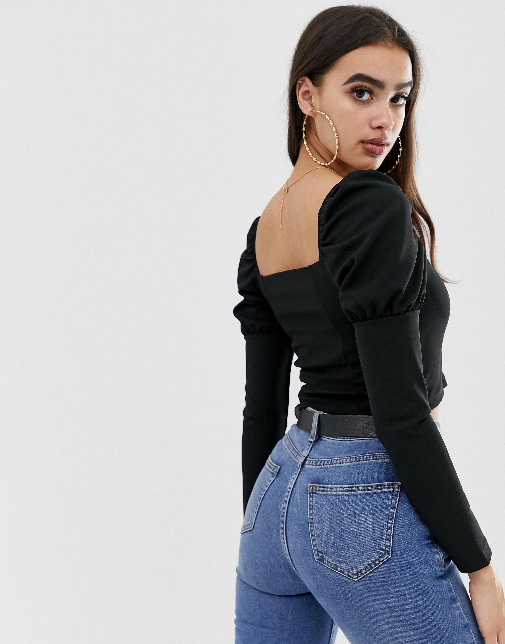 ASOS Long Sleeve Top With Square Neck And Puff Sleeve in Black | Lyst