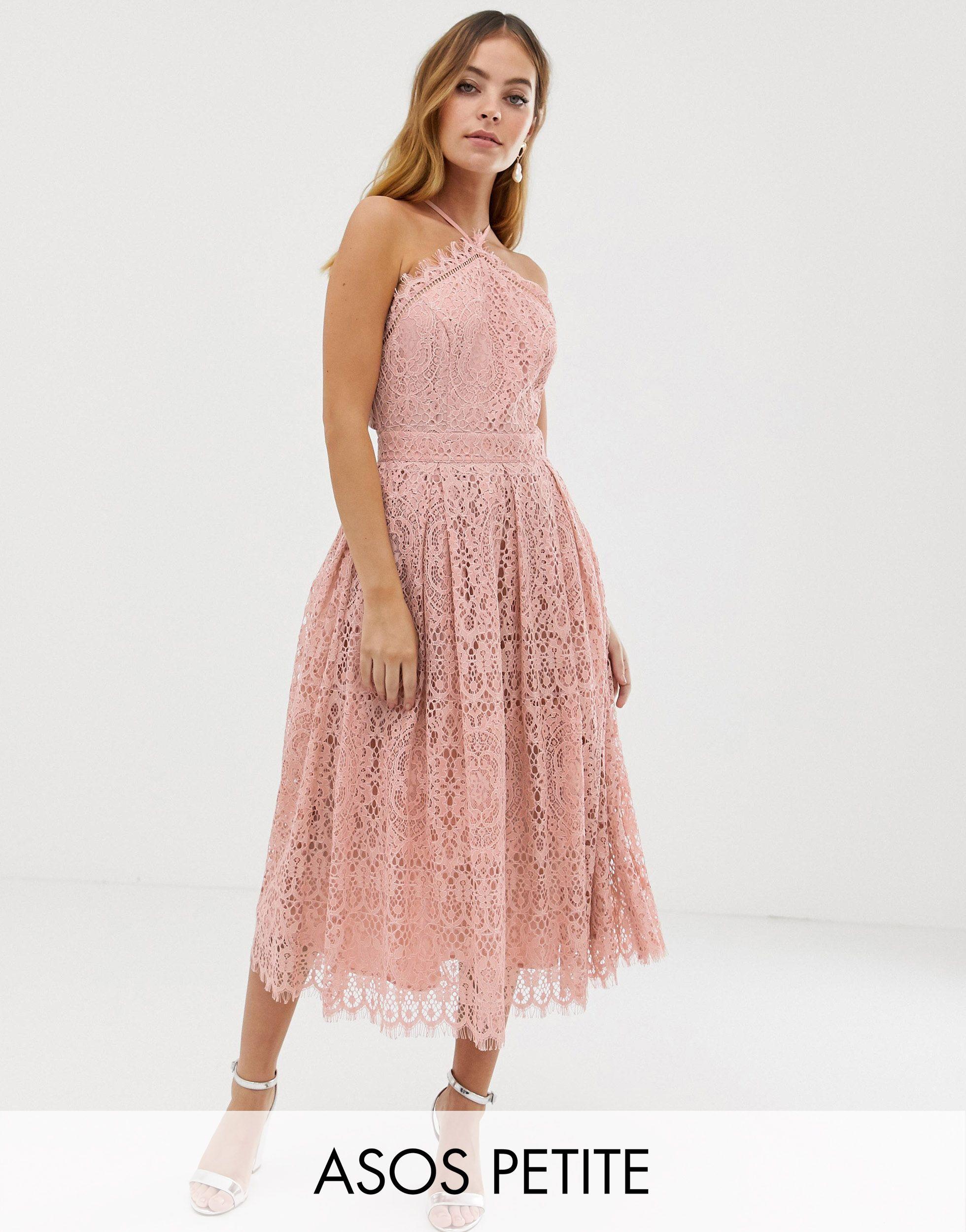 ASOS Lace Midi Dress With Pinny Bodice in Pink Lyst UK