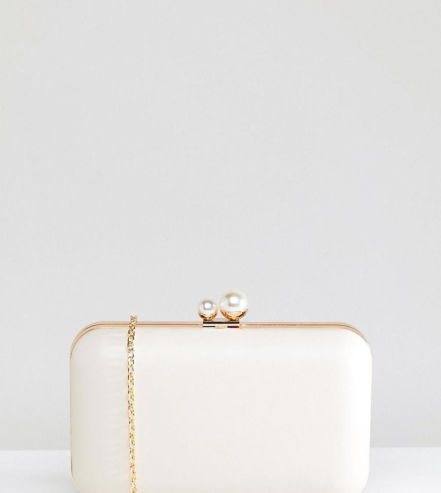 True Decadence structured box clutch bag in silver satin with pearl handle