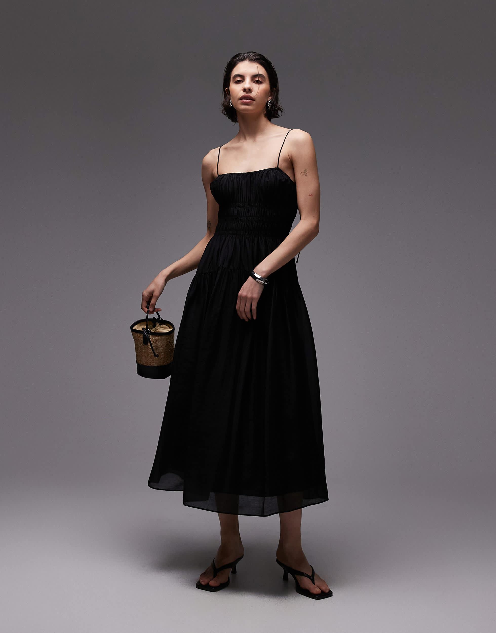 & Other Stories Milkmaid Midi Dress With Smocking And Spaghetti Straps in  Black | Lyst
