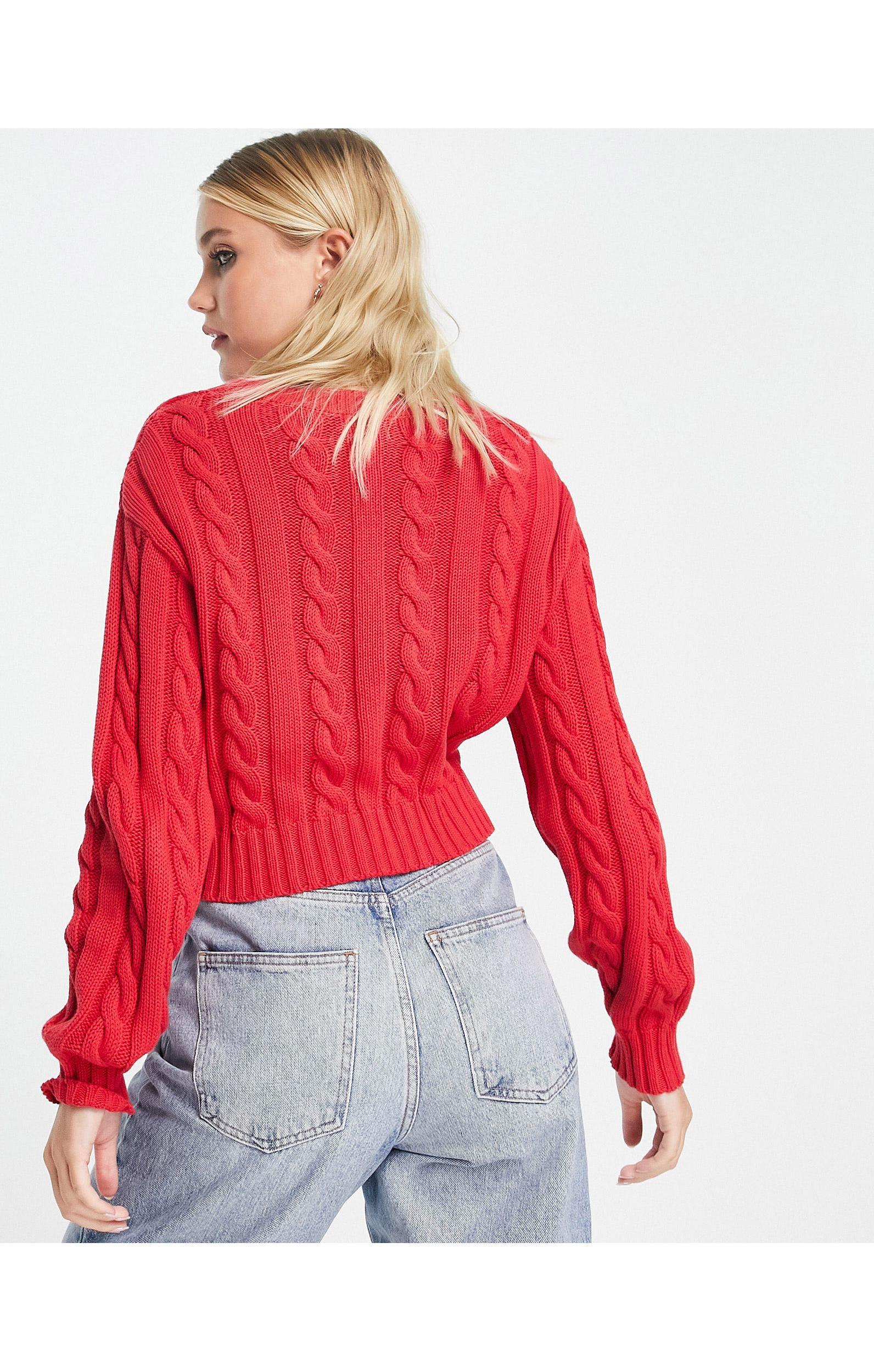 Monki Cable Knit Caridgan in Red | Lyst