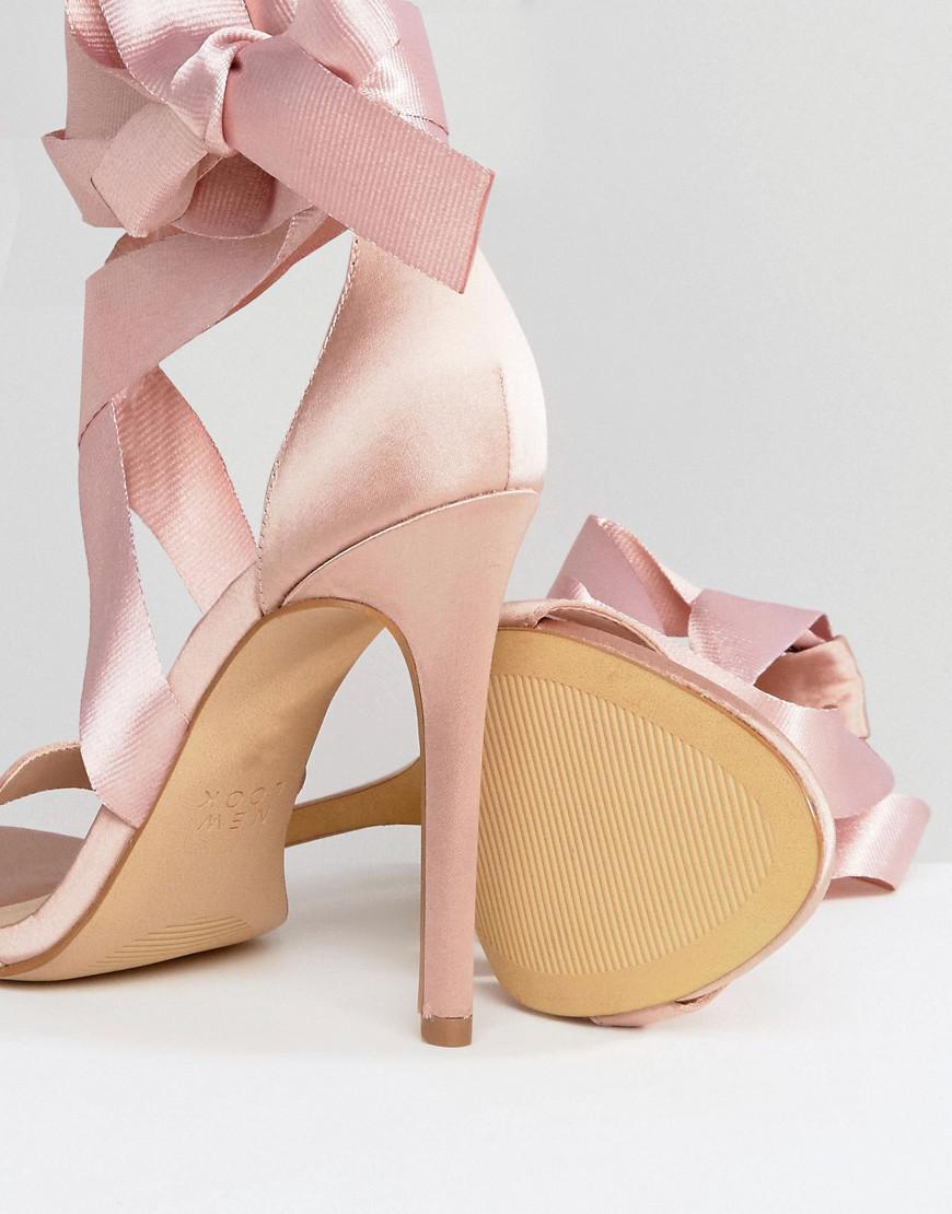 New Look Satin Ankle Tie Heeled Sandals in Pink | Lyst