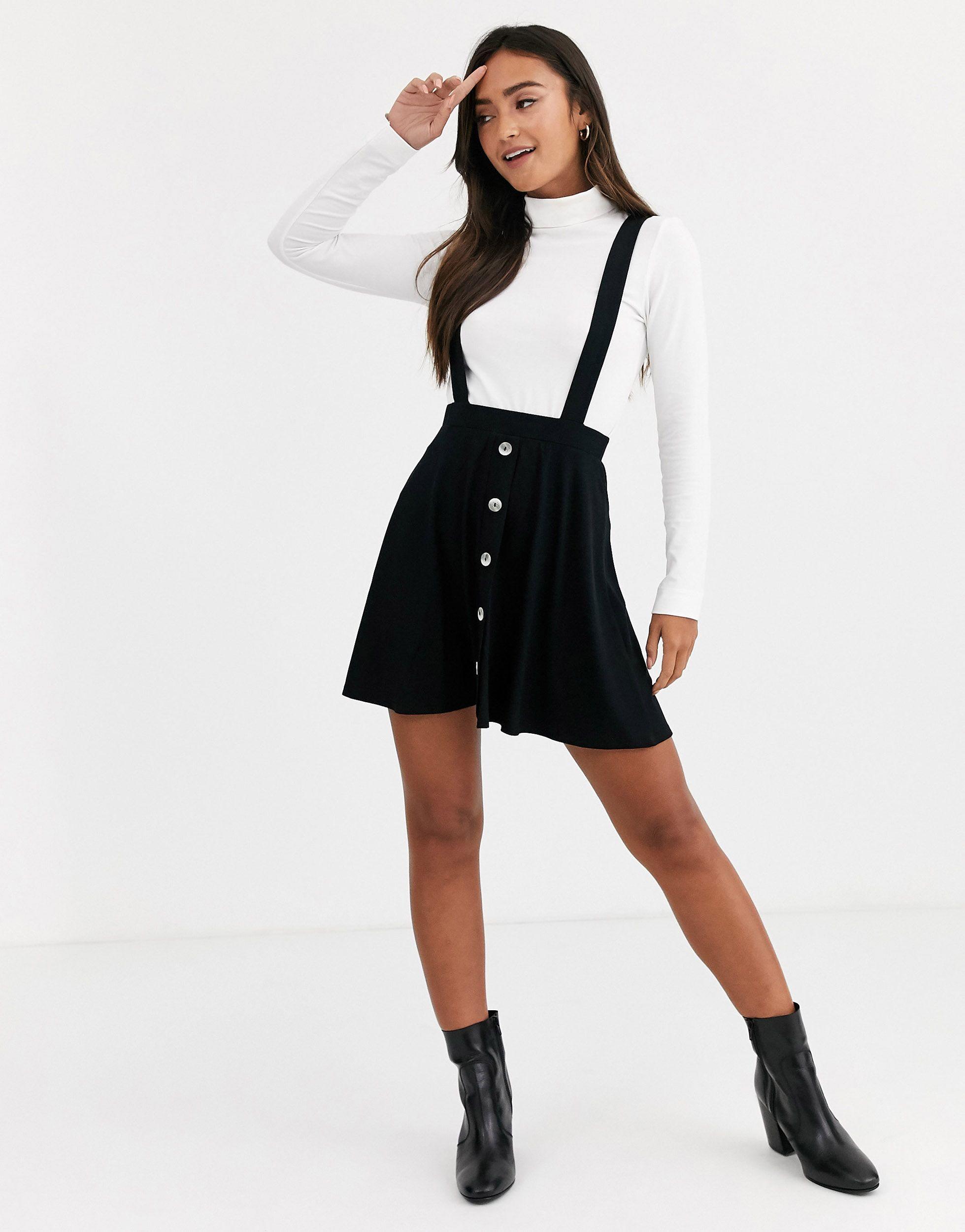 Unique Bargains Women's Button Decor Overall Dress Fit and Flare Midi  Suspender Skirt L Black - Walmart.com