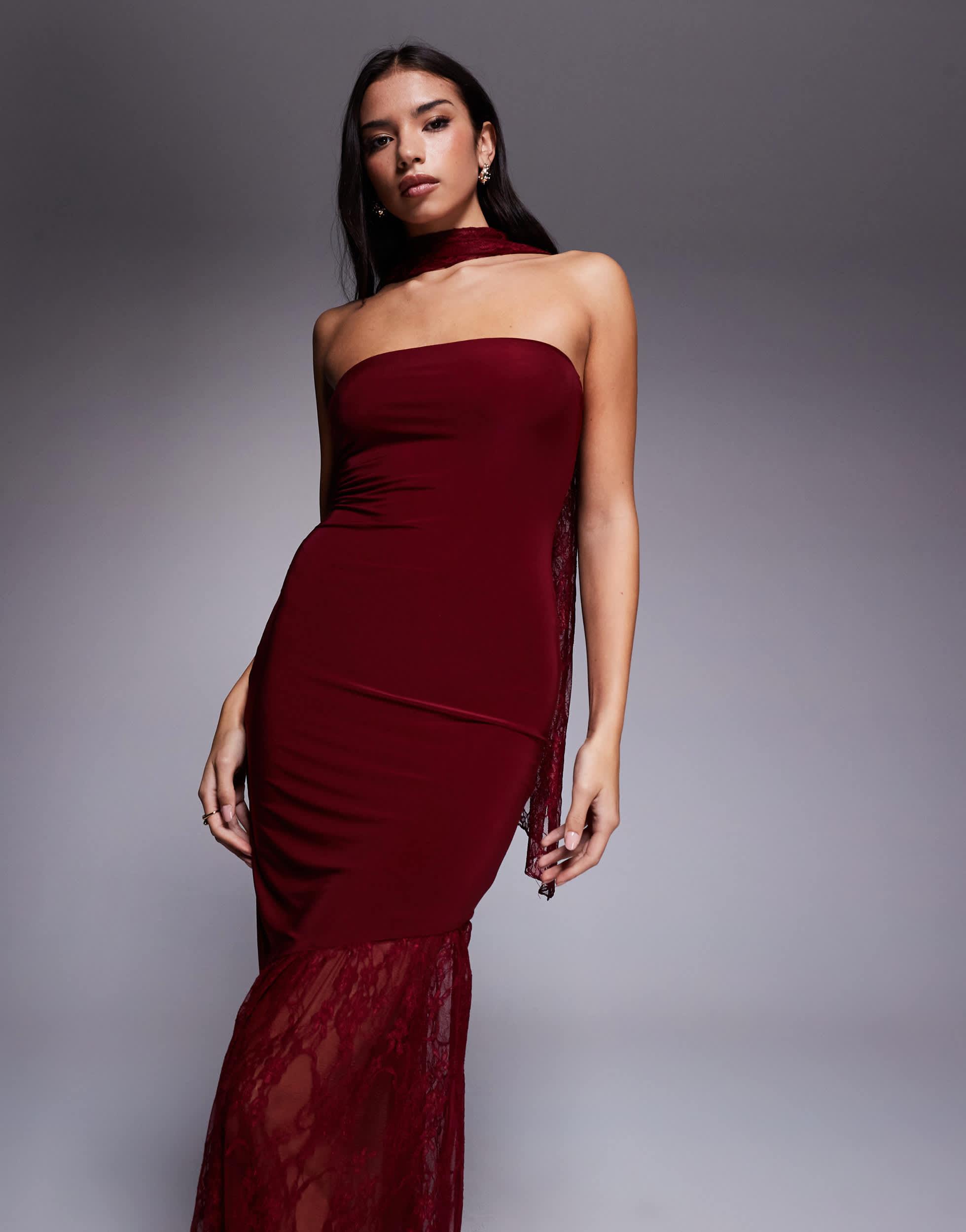 red lace bandeau dress Vintage Sexy Lace Bodycon Lace-Up Hollow Out Sheer Asymmetric Bandeau Waist Party Dress Summer Elegant