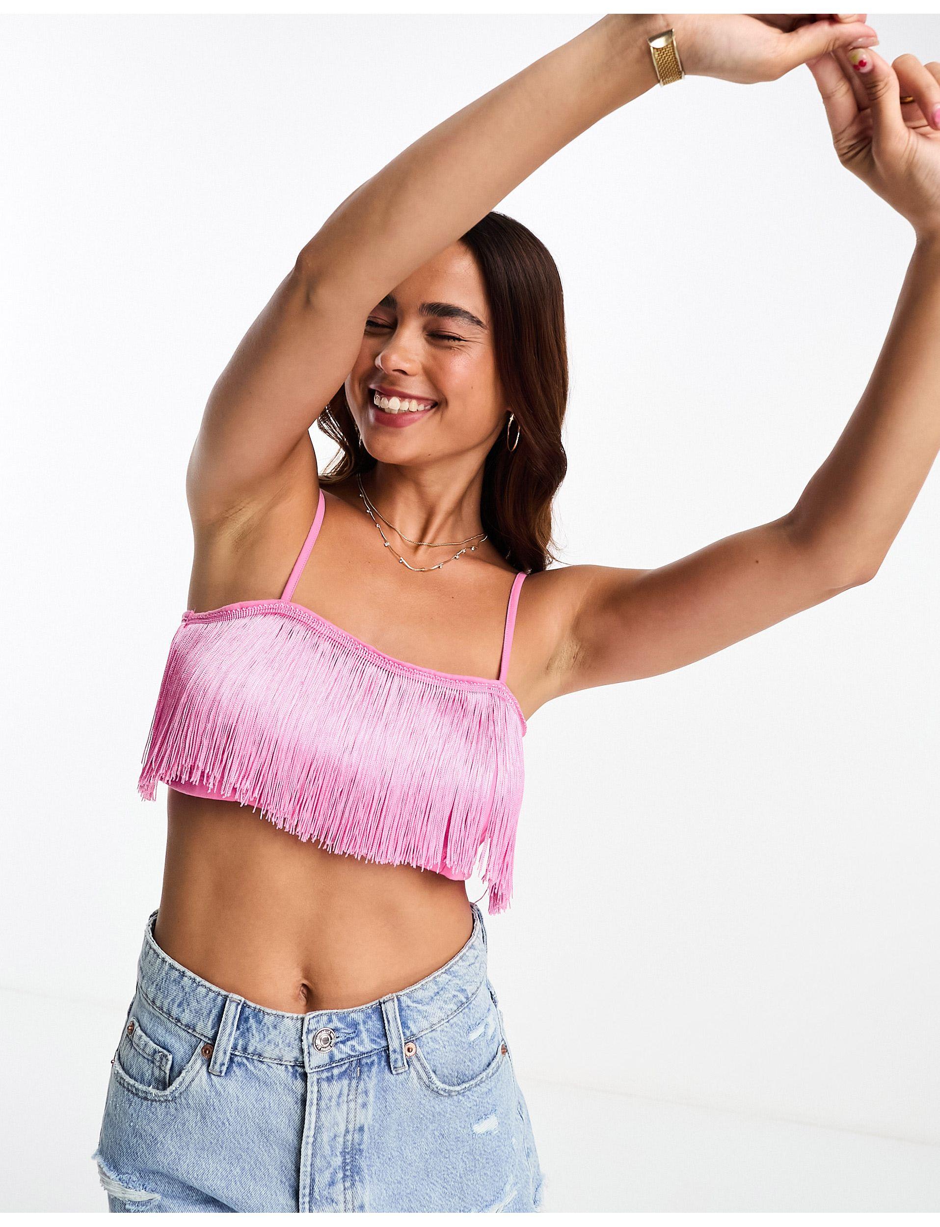 Monki Fringe Cami Cropped Top in Pink | Lyst